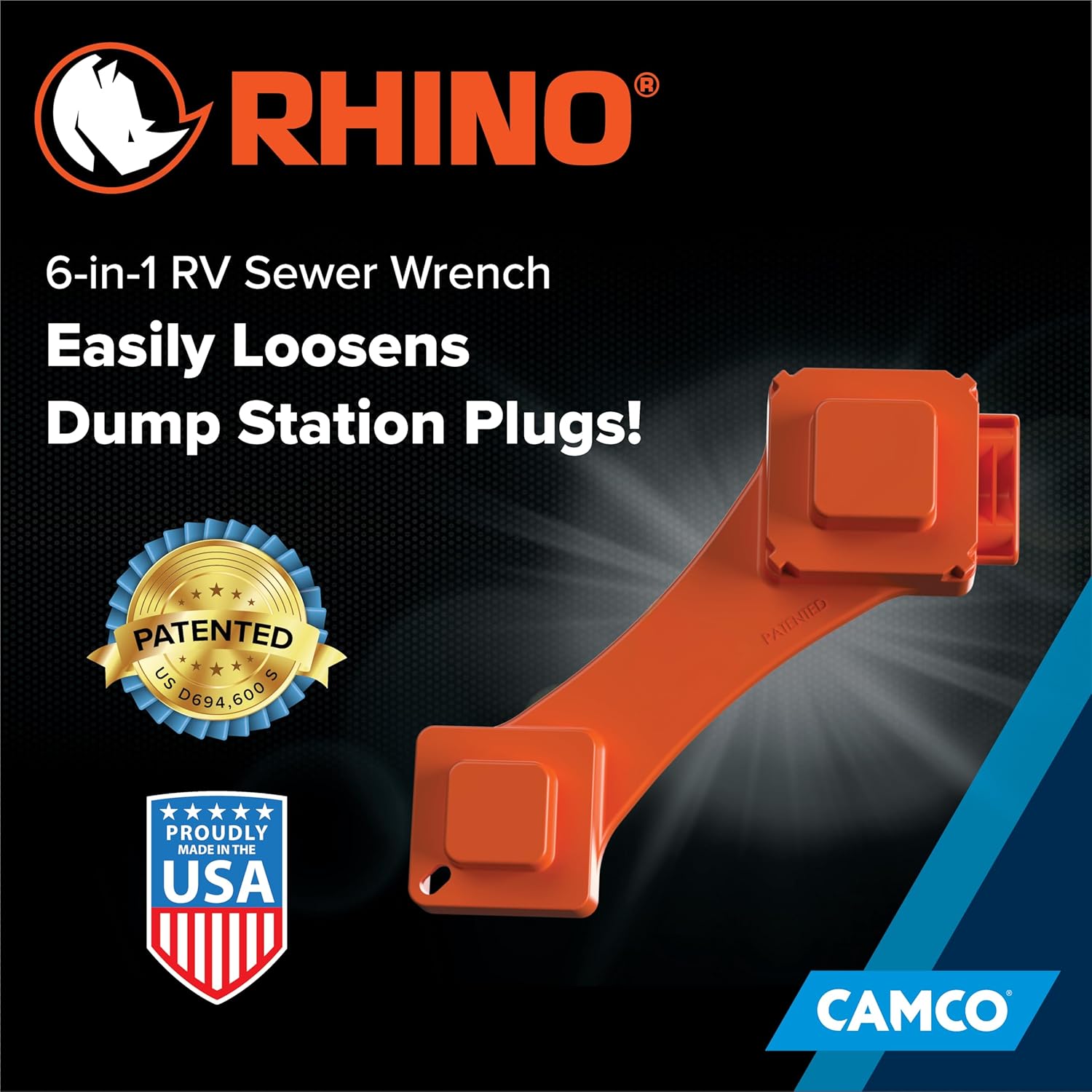 Camco RhinoFLEX 6-in-1 RV Sewer Wrench | Compatible with 3-Inch and 4-Inch Male or Female Sewer Clean-out Plugs