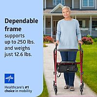 Medline Superlight Folding Aluminum Mobility Rollator Walker, Red, 250 lb. Weight Capacity, 6" Wheels, Adjustable Arms and Seat, Foldable Rolling Walker for Seniors Burgundy