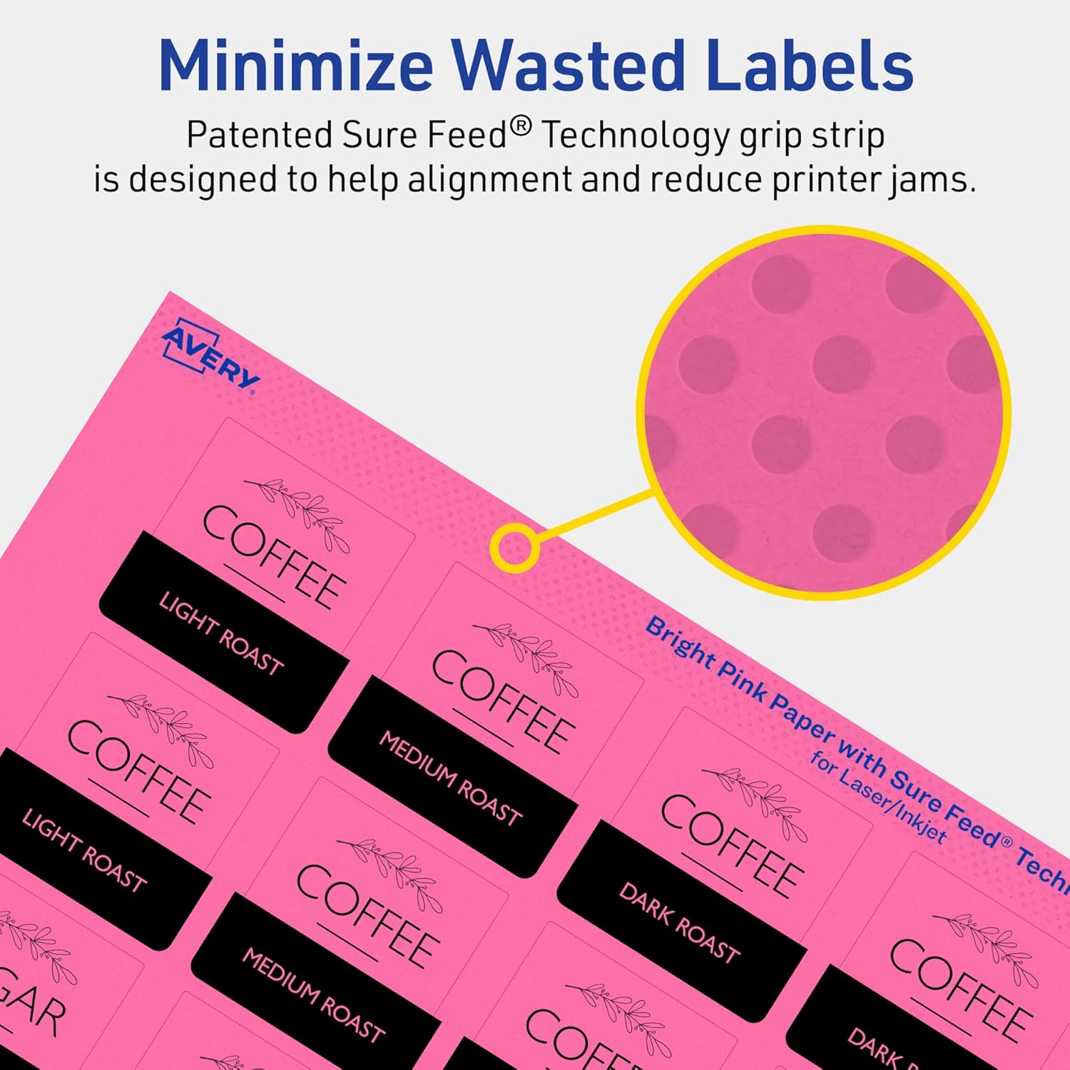 AVERY Printable Square Labels, Sure Feed Technology, 1-1/2" x 1-1/2", Bright Pink