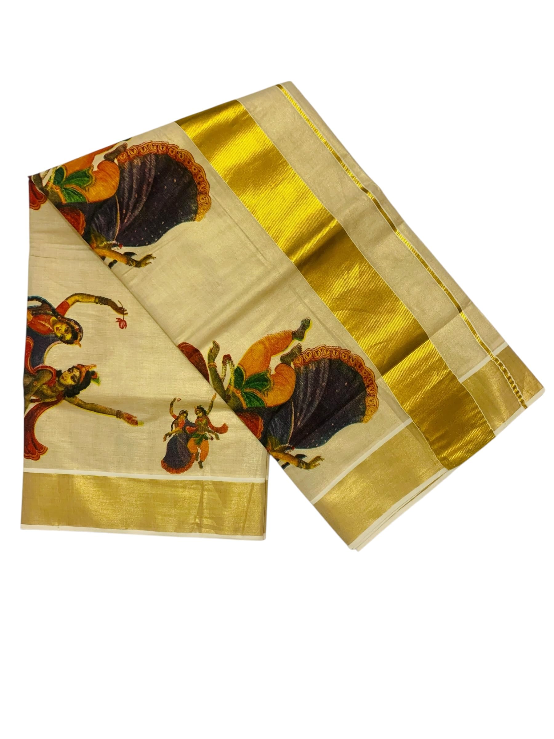 Kuthampully Kerala Kasavu Saree Tissue Mural Painted | Traditional South Indian Saree | Onam Saree - Multi Color BOM-656