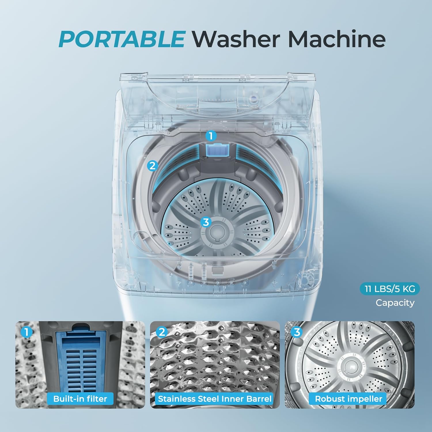 Euhomy Lavadora portátil 1.59 pies cúbicos, capacidad 11 libras Euhomy Lavadora portátil 1.59 pies cúbicos, capacidad 11 libras