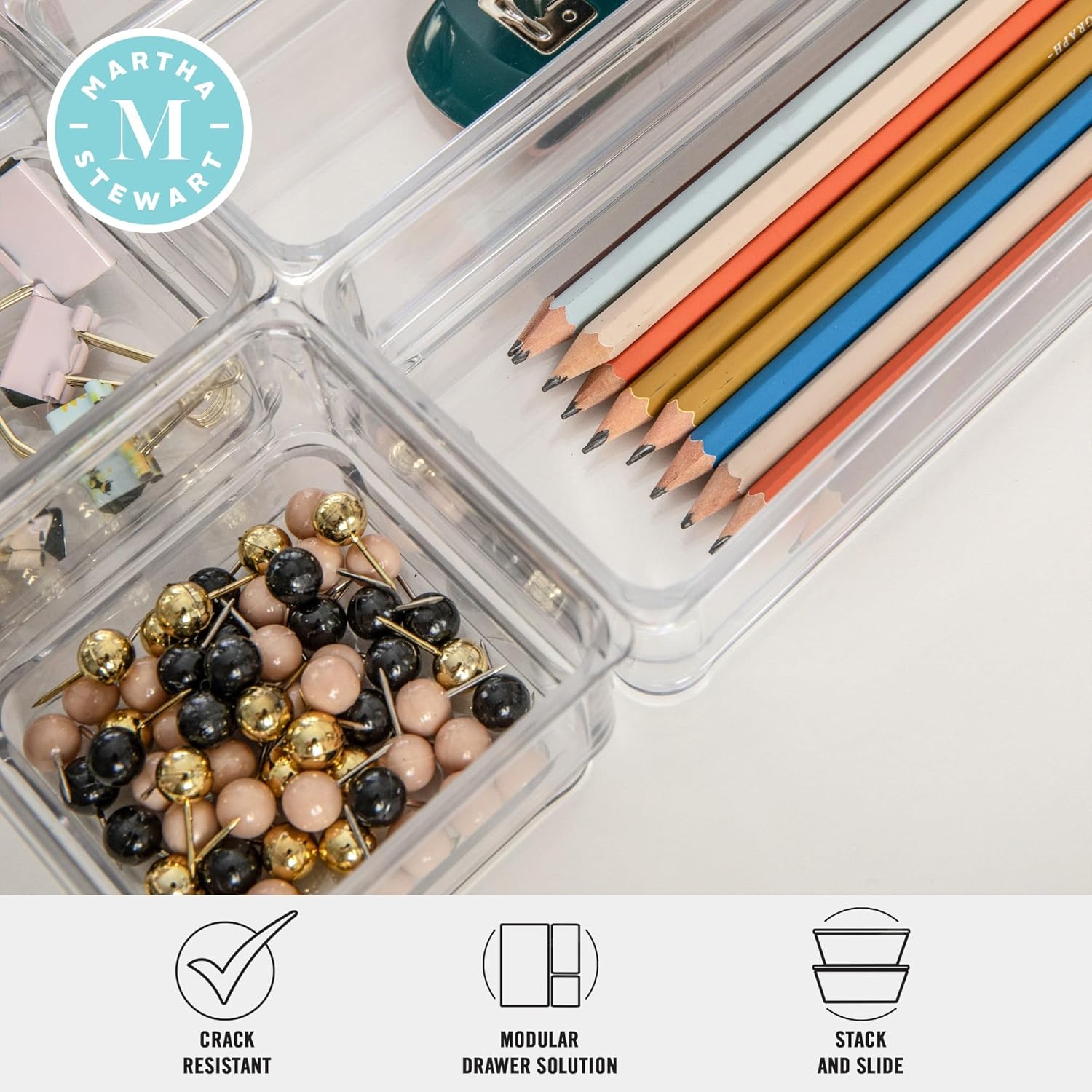 Martha Stewart Plastic Stackable Office Desk Drawer Organizers, Set of 6