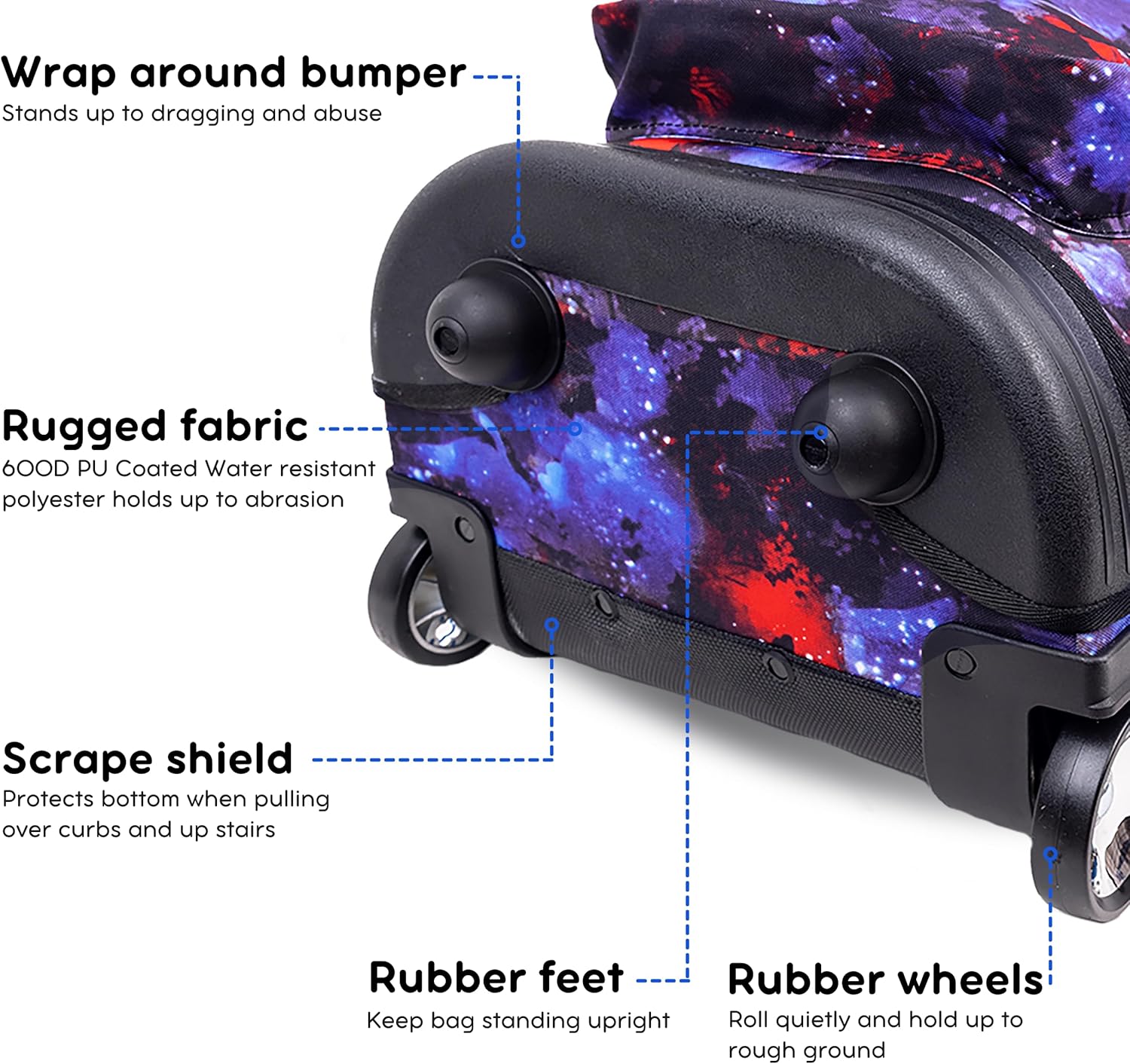 J World New York Sunrise Kids Rolling Backpack for Girls Boys Teen. Roller Bookbag with Wheels, Galaxy, 18"