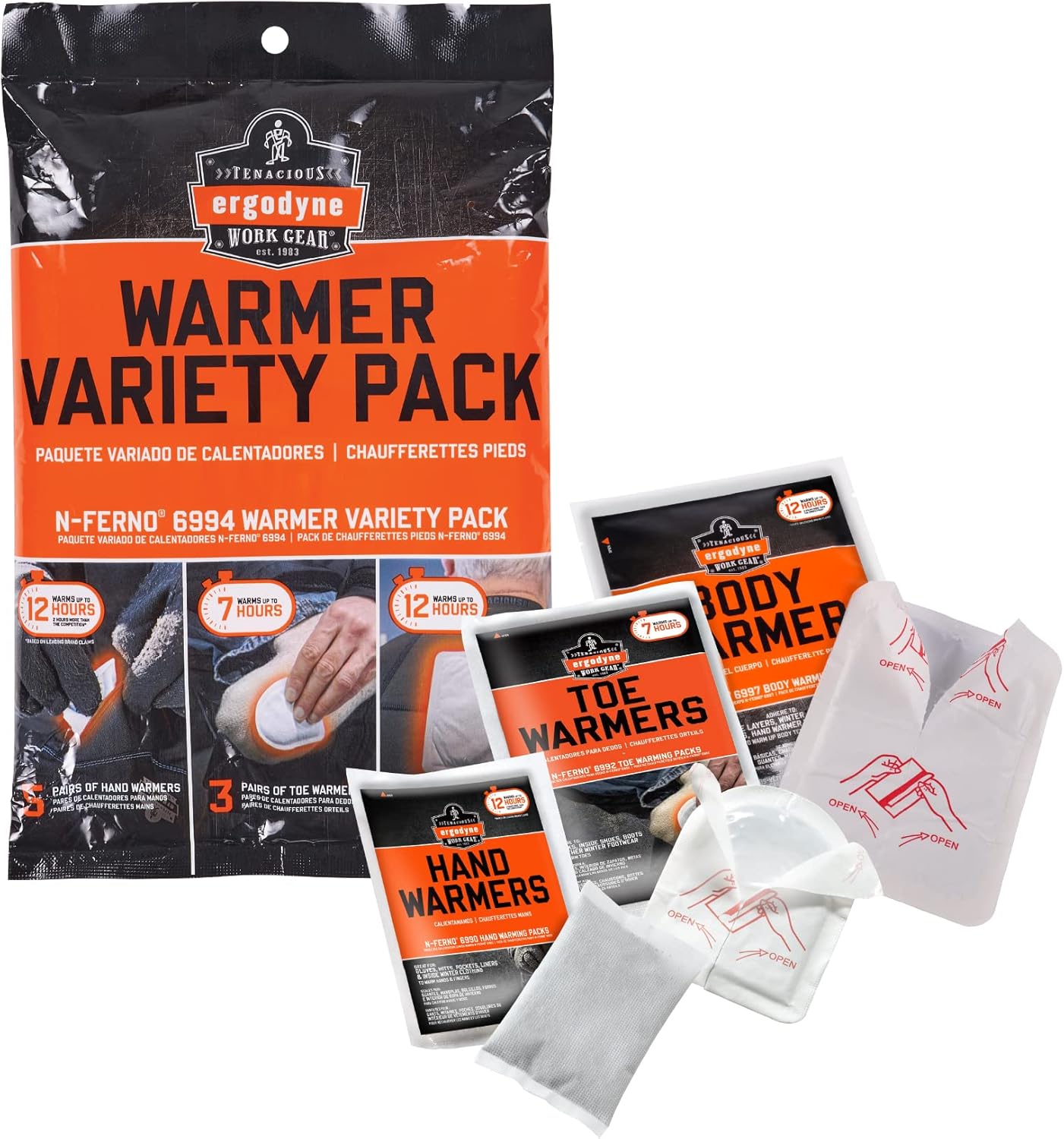 Ergodyne N-Ferno 6994 Adhesive Body, Toe, Hand Warmers Variety Pack, Disposable, Up to 12 Hours of Warming