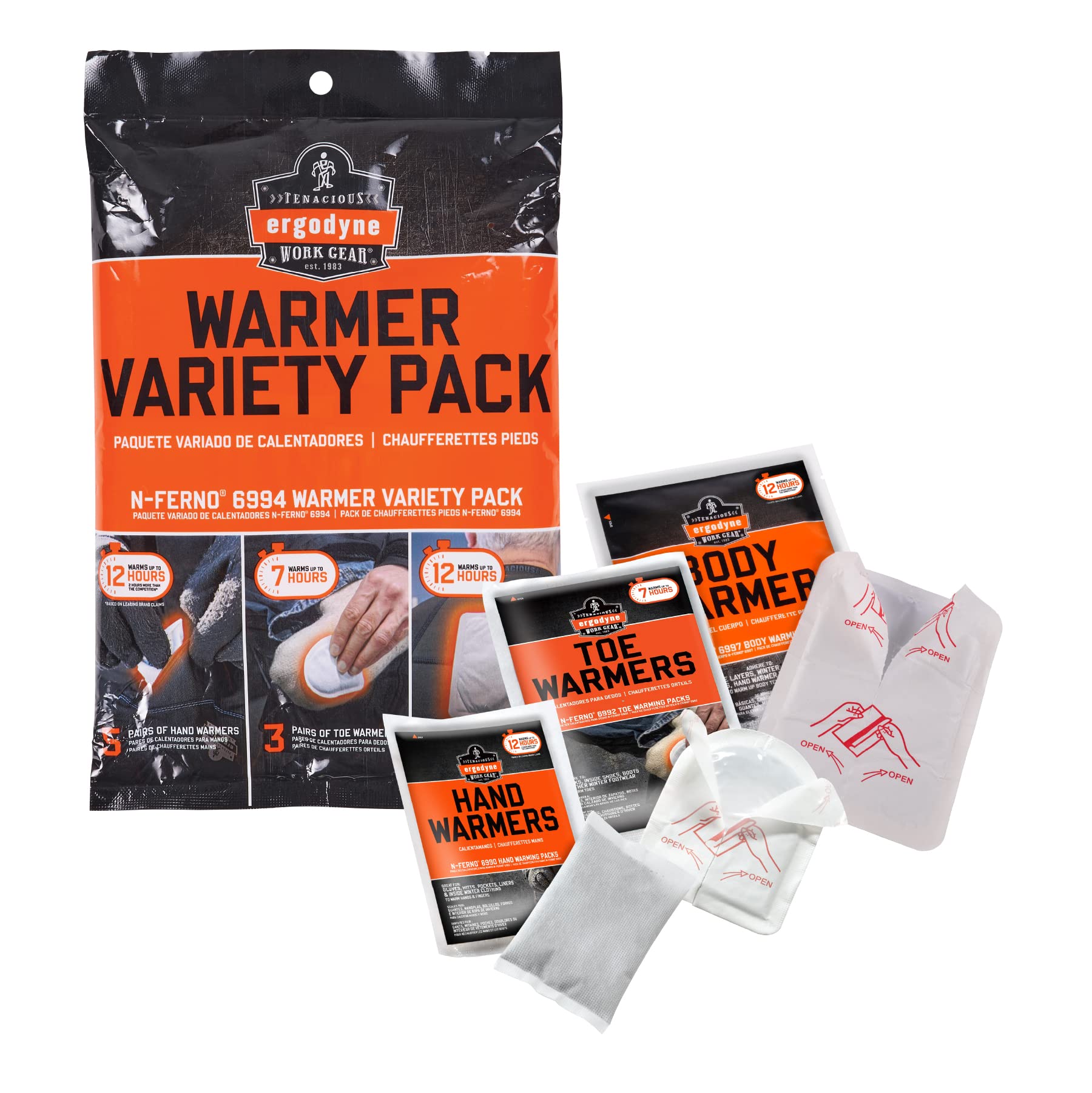 Ergodyne N-Ferno 6994 Adhesive Body, Toe, Hand Warmers Variety Pack, Disposable, Up to 12 Hours of Warming