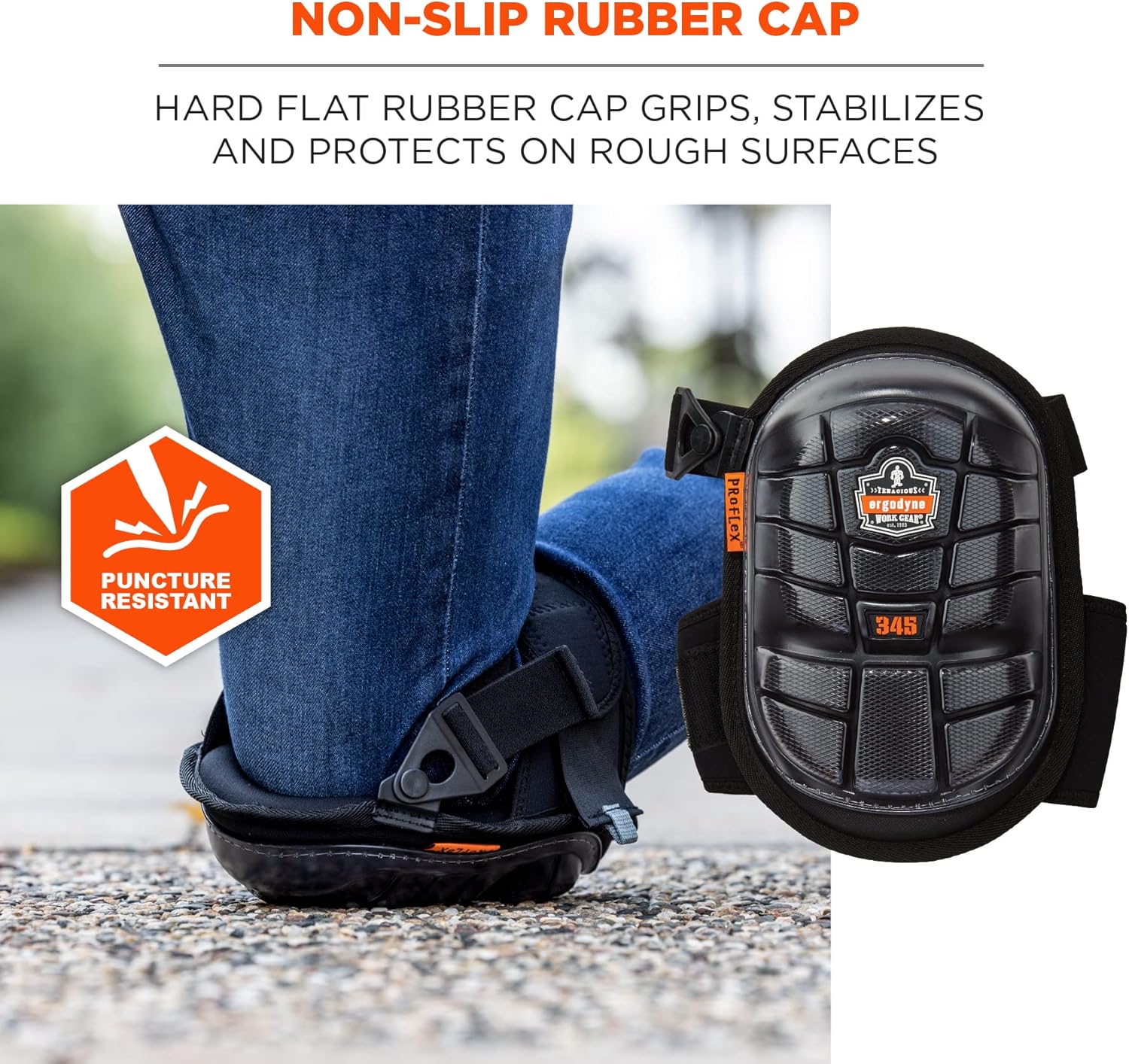Ergodyne ProFlex 345 Professional Knee Pads, Protective Long Cap, Injected Gel Padded Technology, Adjustable Straps, Black
