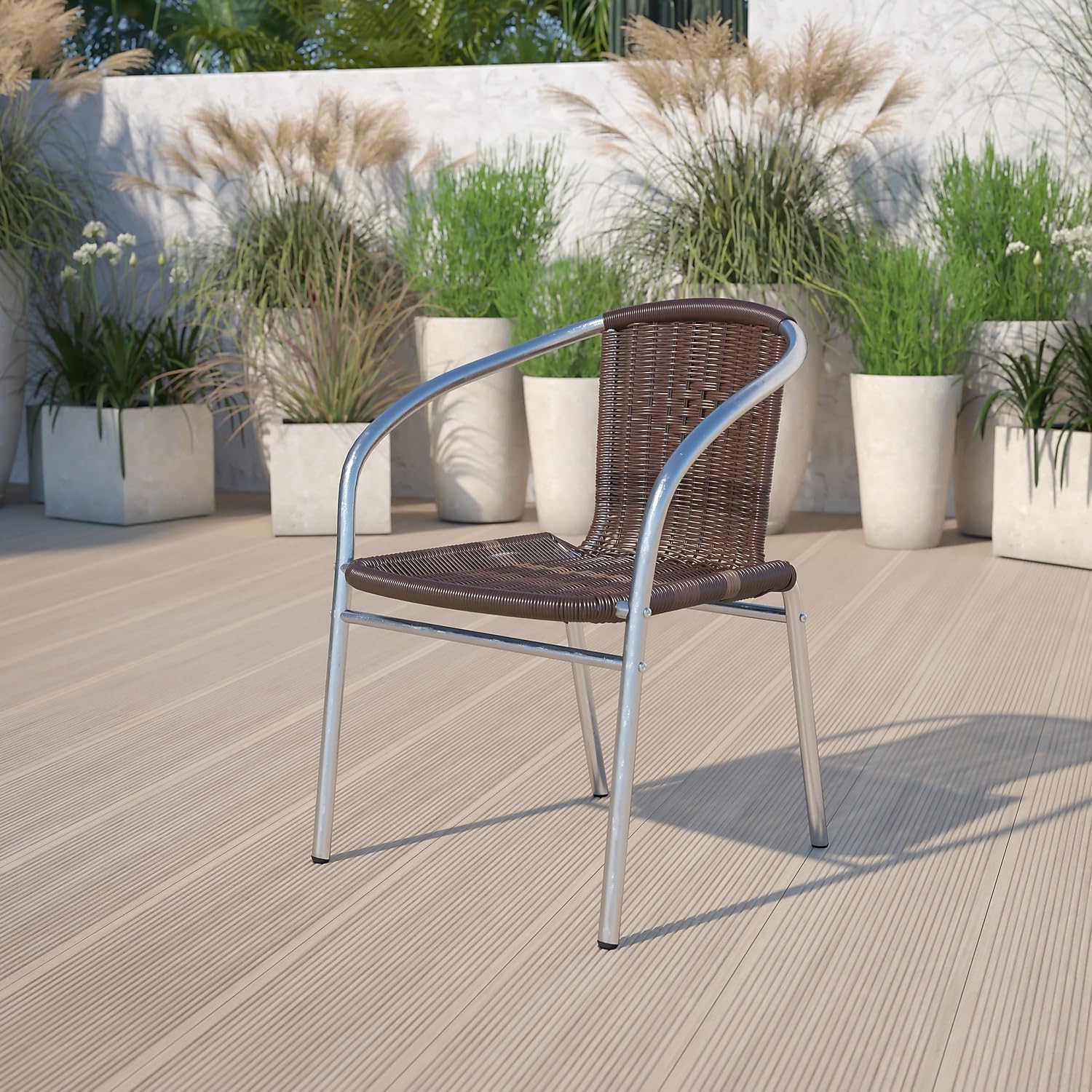 Flash Furniture Commercial Aluminum and Dark Brown Rattan Indoor-Outdoor Restaurant Stack Chair Aluminum and Dark Brown Set