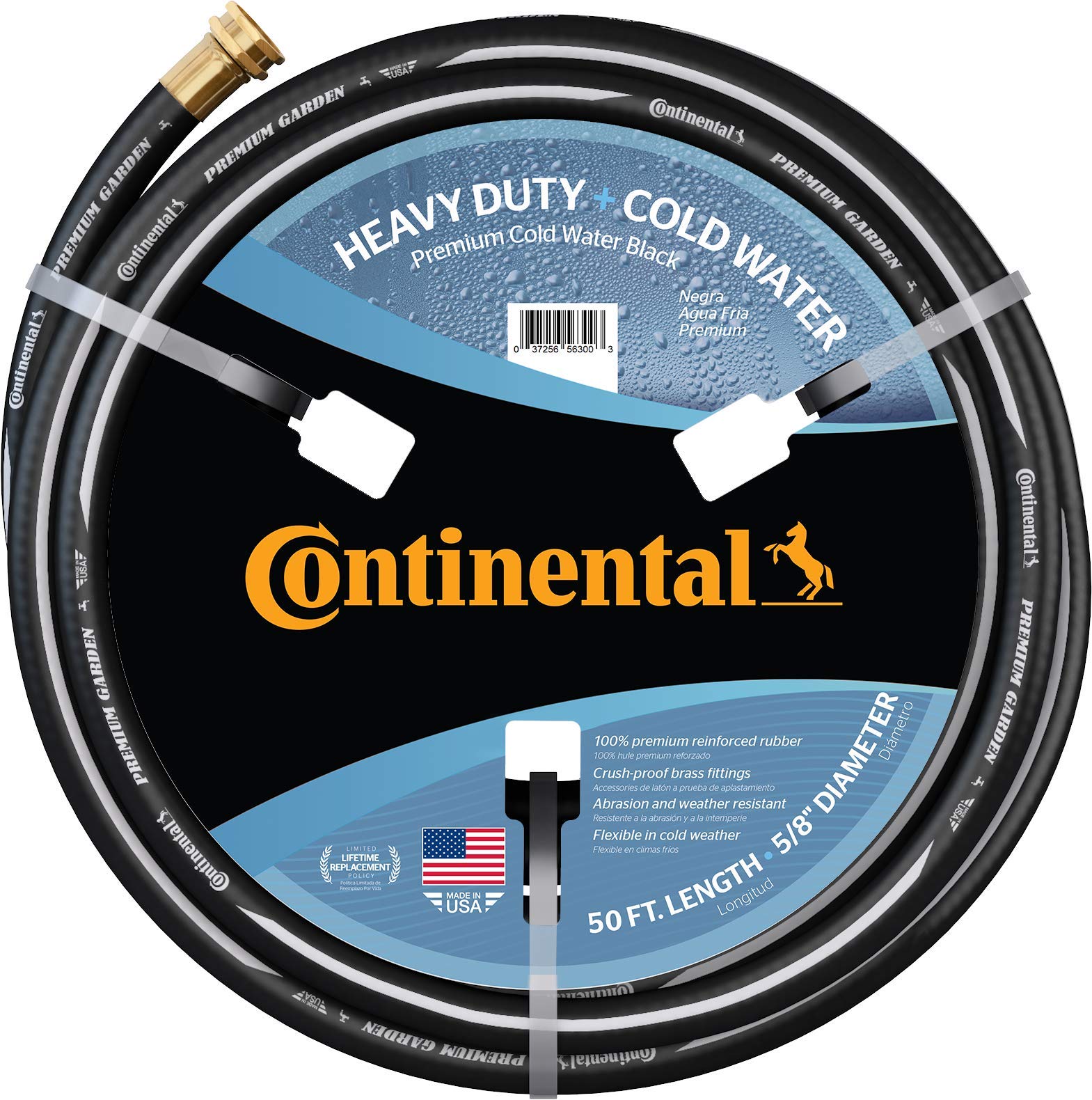 Continental Premium Garden Black Heavy Duty Cold Water Garden Hose, 5/8in Inside Diameter x 50ft Length