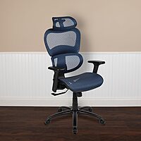 Flash Furniture LO Ergonomic Mesh Office Chair with 2-to-1 Synchro-Tilt, Adjustable Headrest, Lumbar Support - Arms in Blue