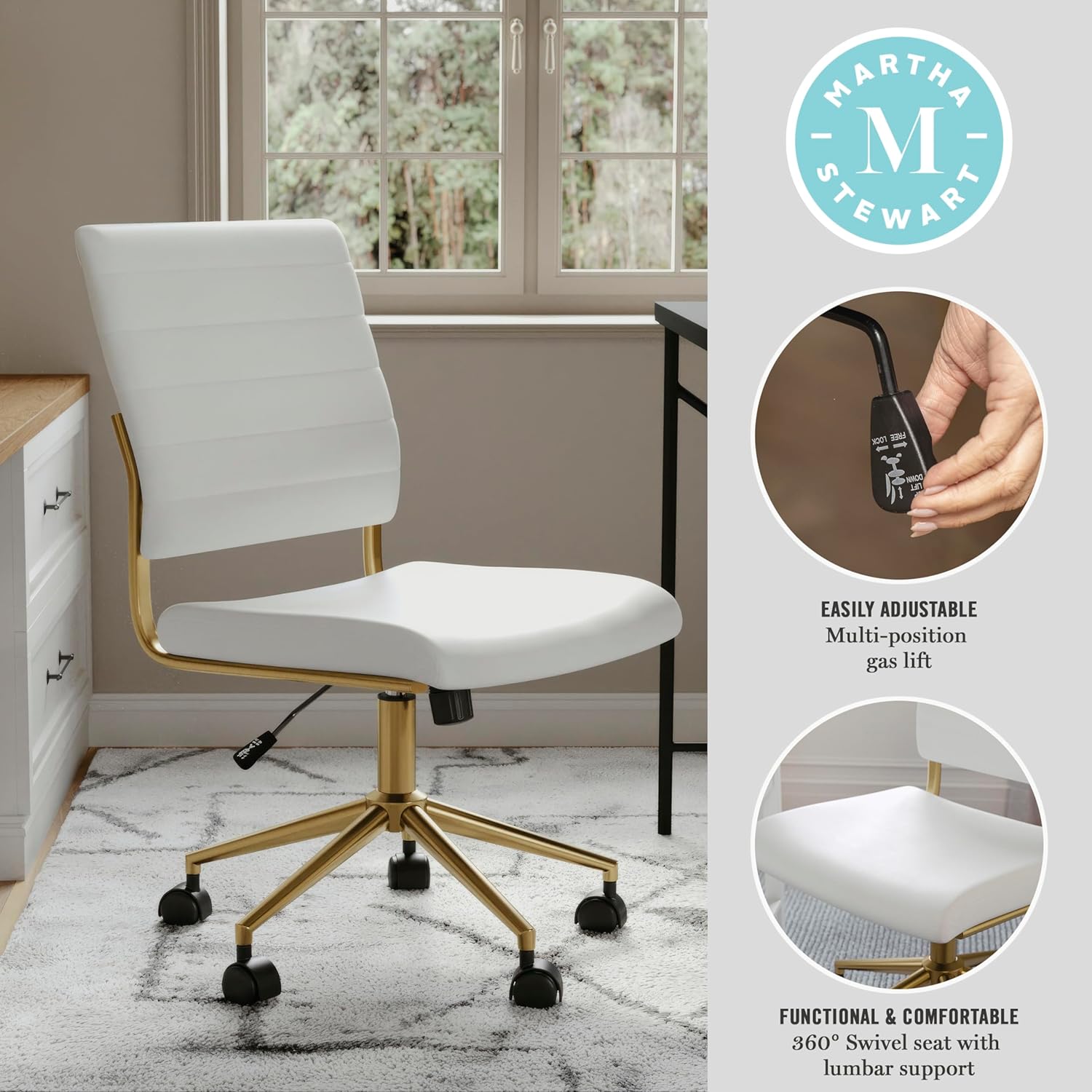 Martha Stewart Ivy Armless Swivel Task Chair in Faux Leather with Polished Brass Frame