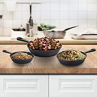 MegaChef Skillet Trio Pre-Seasoned Cast Iron Cookware Set, 3 Piece, Black