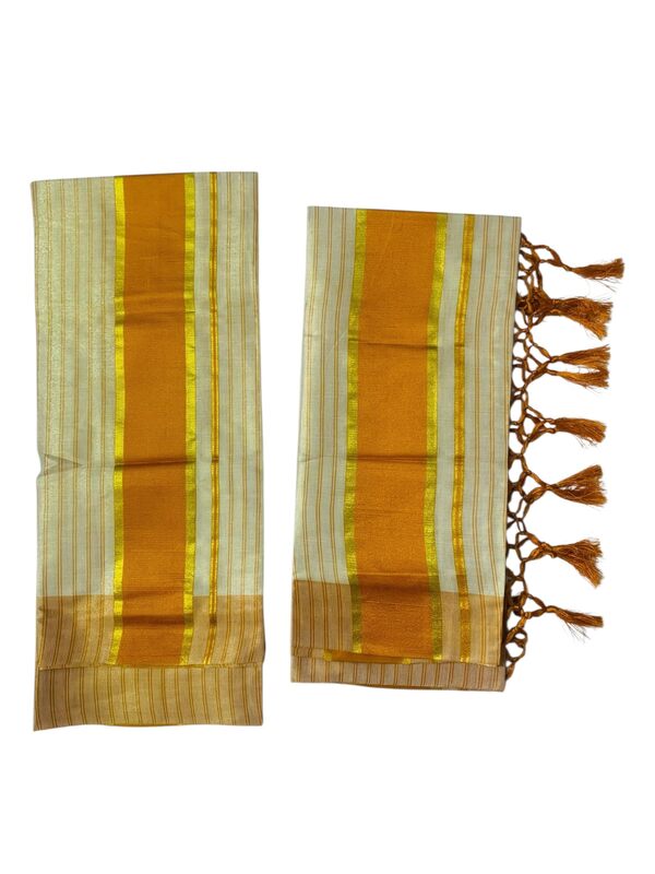 Women's Kuthampully Kerala Kasavu Set mundu Tissue with Kunjam | Kerala Tissue set mundu latest collections | Kuthampully Stripe Kasavu set mundu - Multi color KTM-901 (Orange)