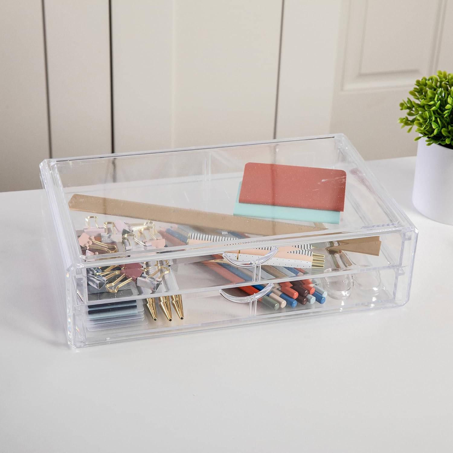 Martha Stewart Brody Desk Organizer with Drawers, Stackable Plastic Storage Box