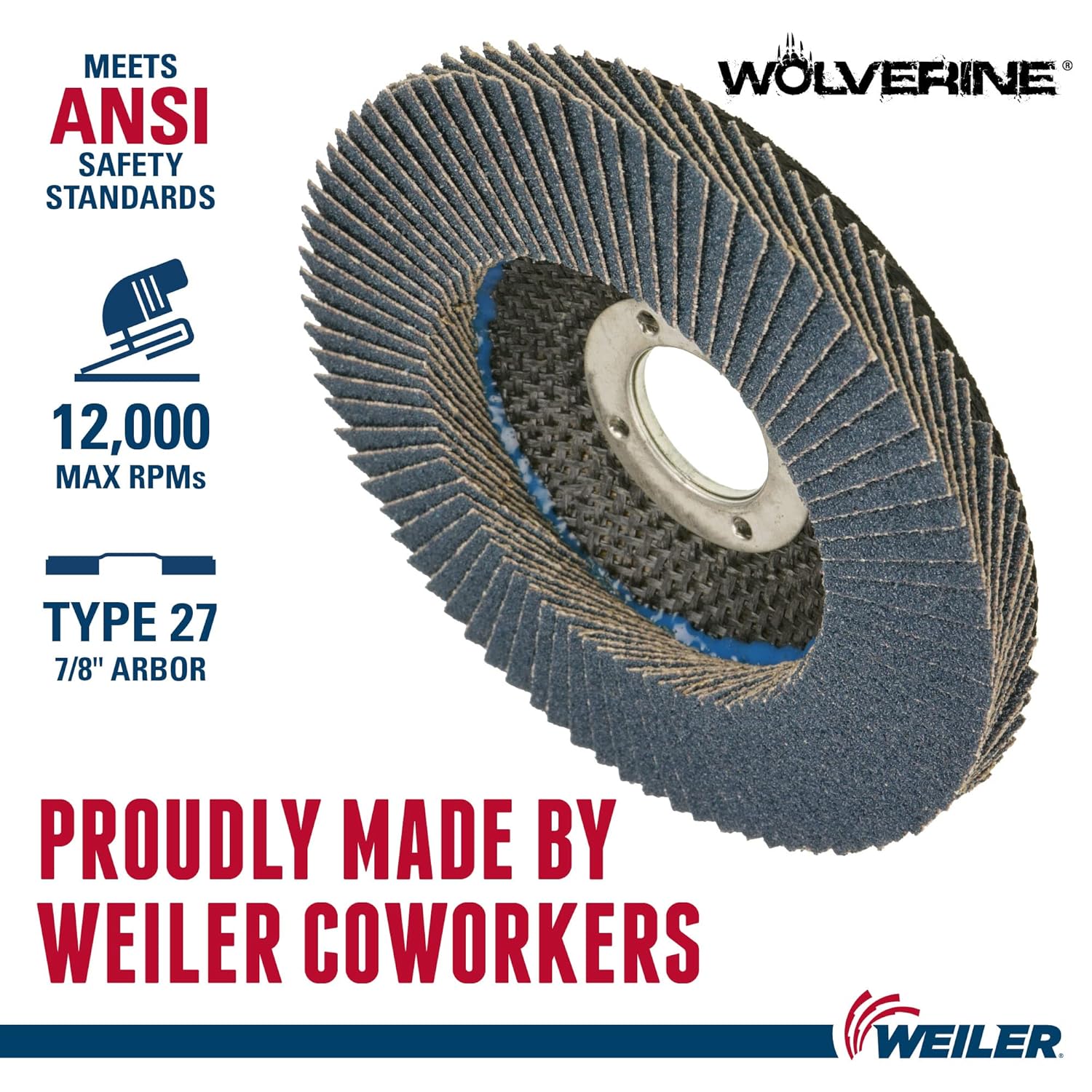 Weiler 31387 Wolverine 4-1/2" x 7/8" Arbor Hole Abrasive Flap Disc, 40 Grit Zirconia Alumina, Flat Type 27, Phenolic Backing