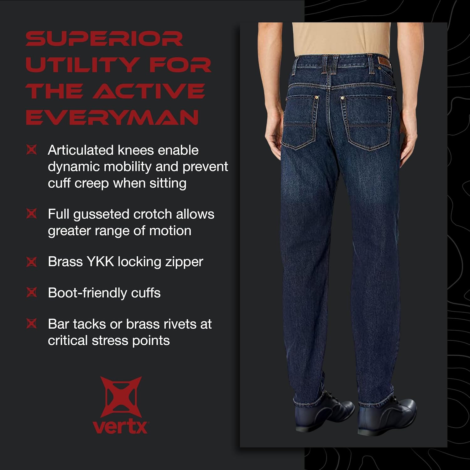 VERTX Defiance Men's Tactical Jeans, Relaxed Fit Stretch, 11 Pockets