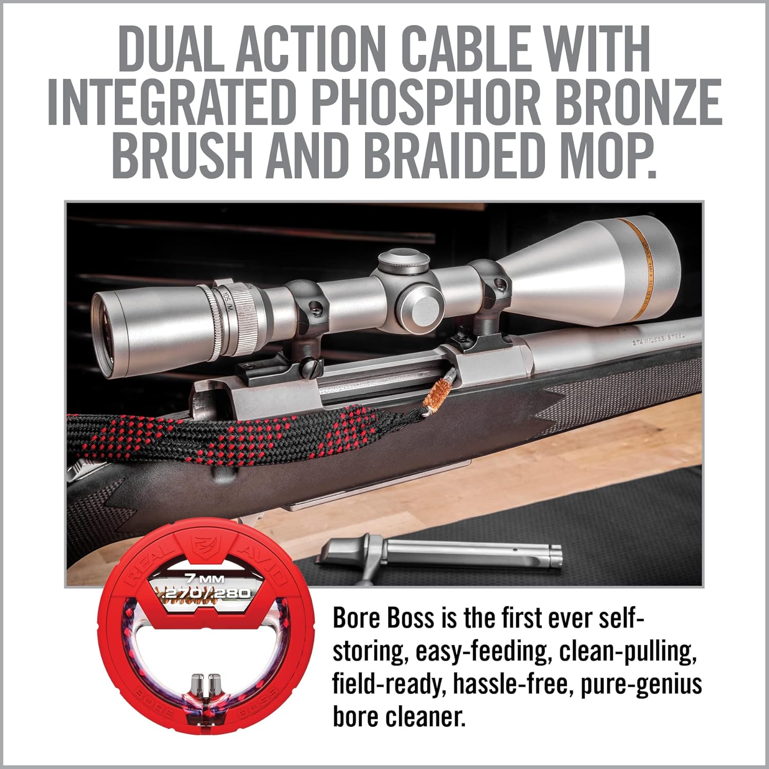 Real Avid Bore Boss Gun Cleaning System - Rapid Pull Through Barrel & Bore Cleaning Cable with Integrated Brush & Mop