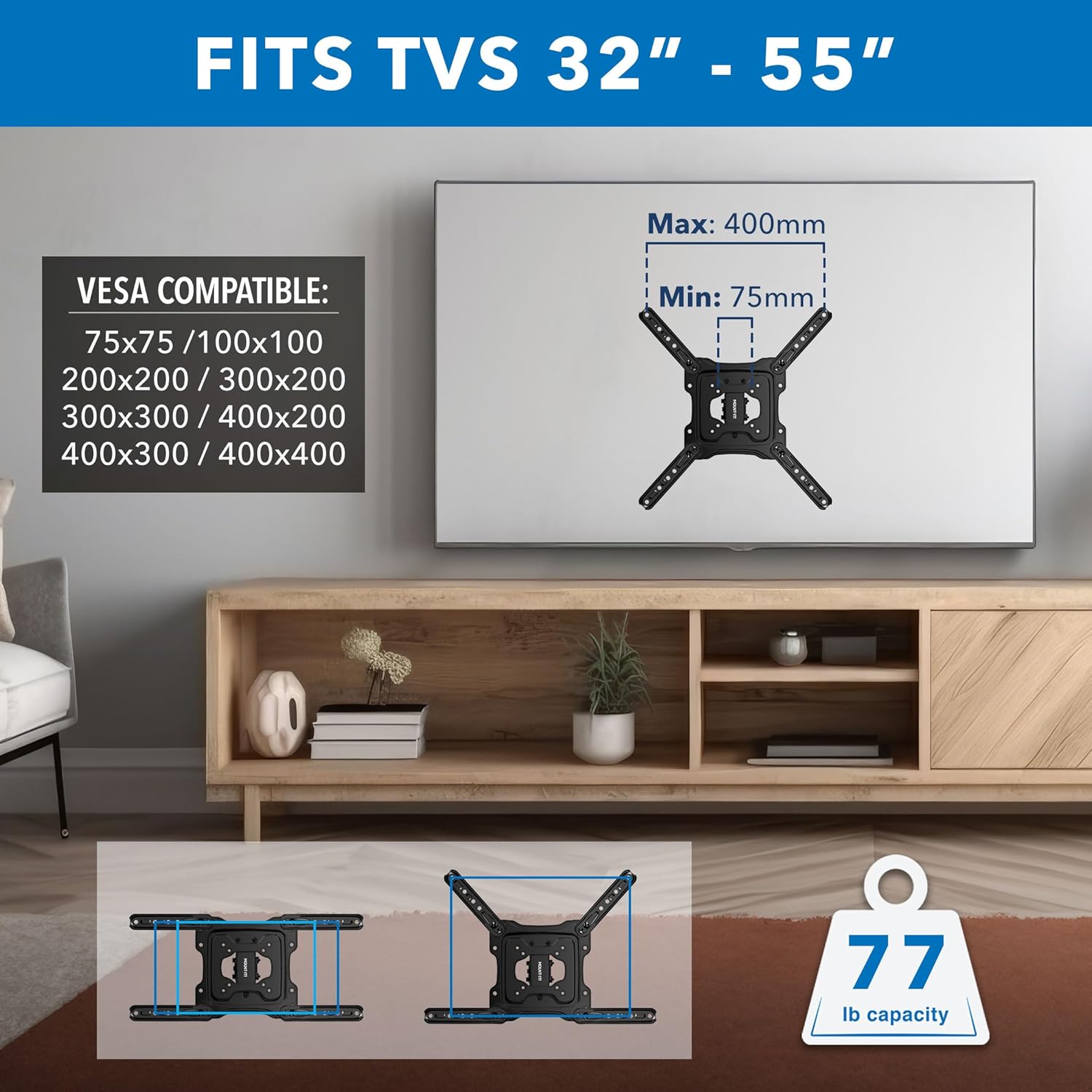 Mount-It! UL Certified Full Motion TV Wall Mount for Most 32-55 Inch Flat Screen TVs