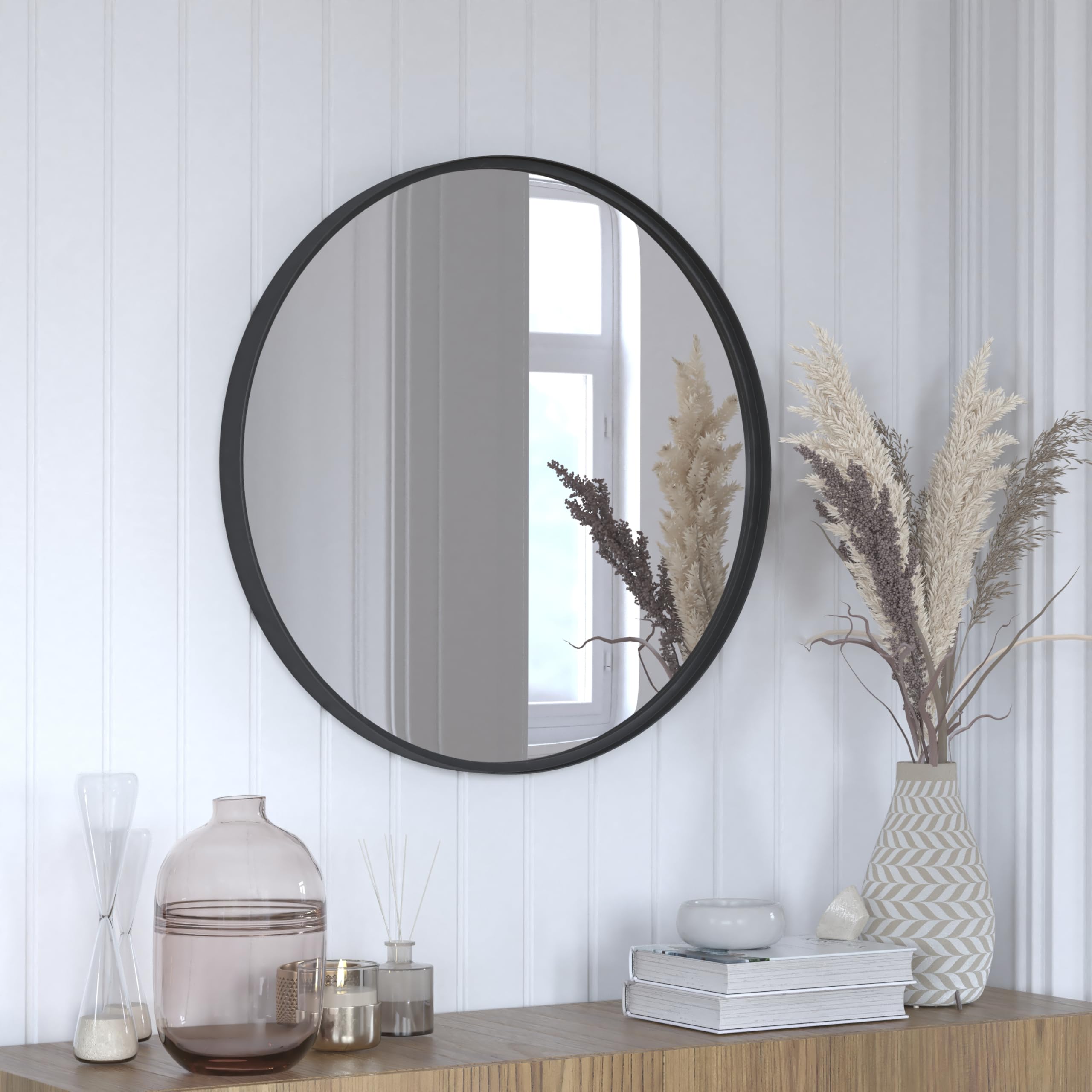 Flash Furniture Jennifer Large Round Wall Mirror - Black Circle Accent Mirror - 27.5" Vanity Mirror - for Bathroom, Vanity