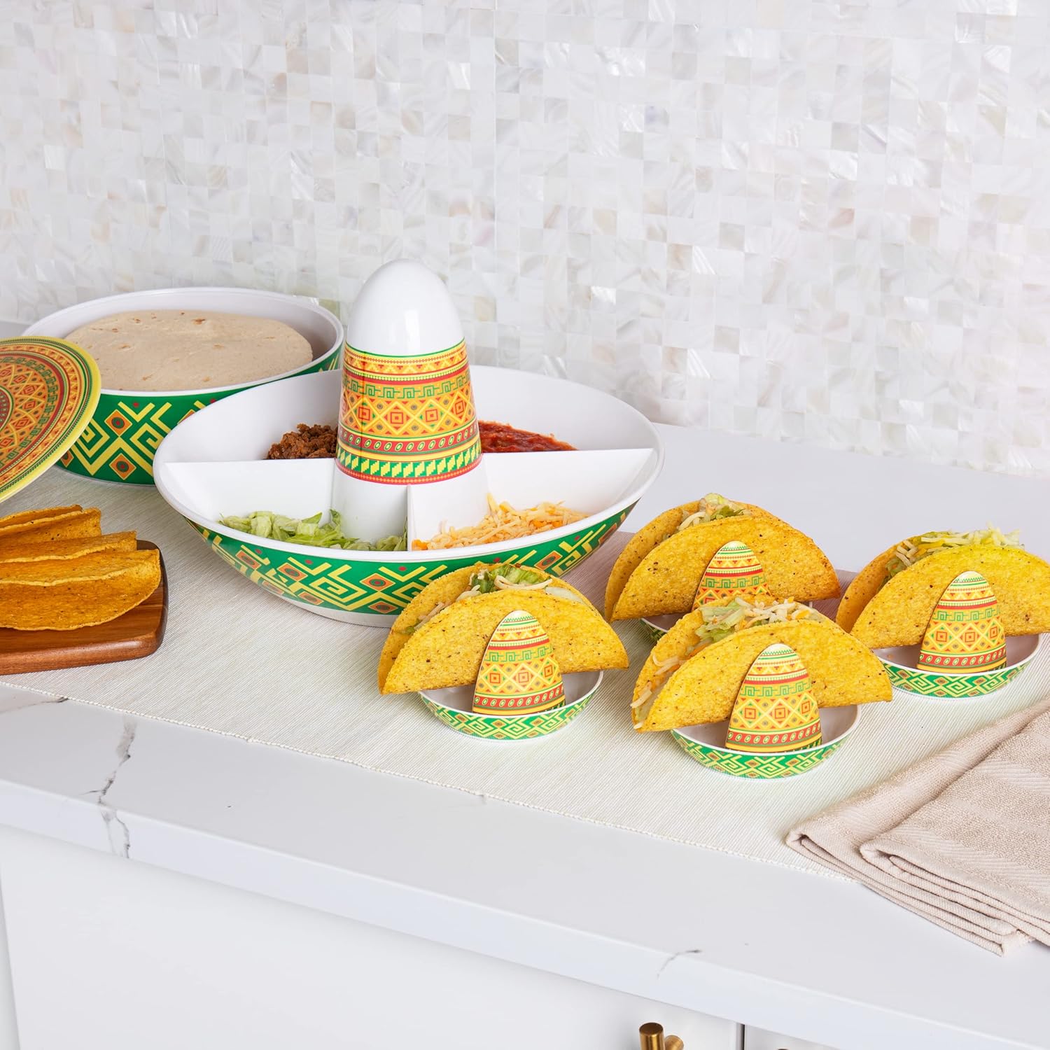 Mind Reader Taco Holders and Divided Serving Carousel Set, Taco Tuesday, Melamine, 12.5"L x 12.5"W x 8.25"H, 5 pcs