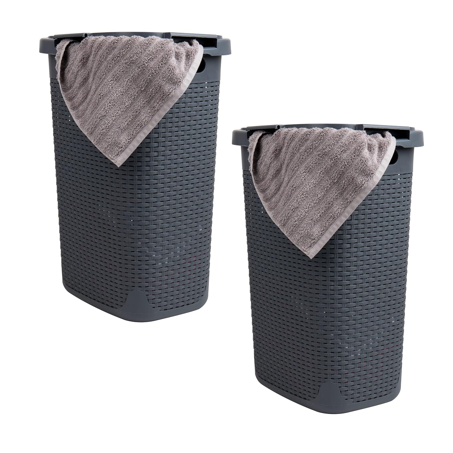 MIND READER Slim Laundry Hamper with Lid, 60L Wicker-Style Plastic