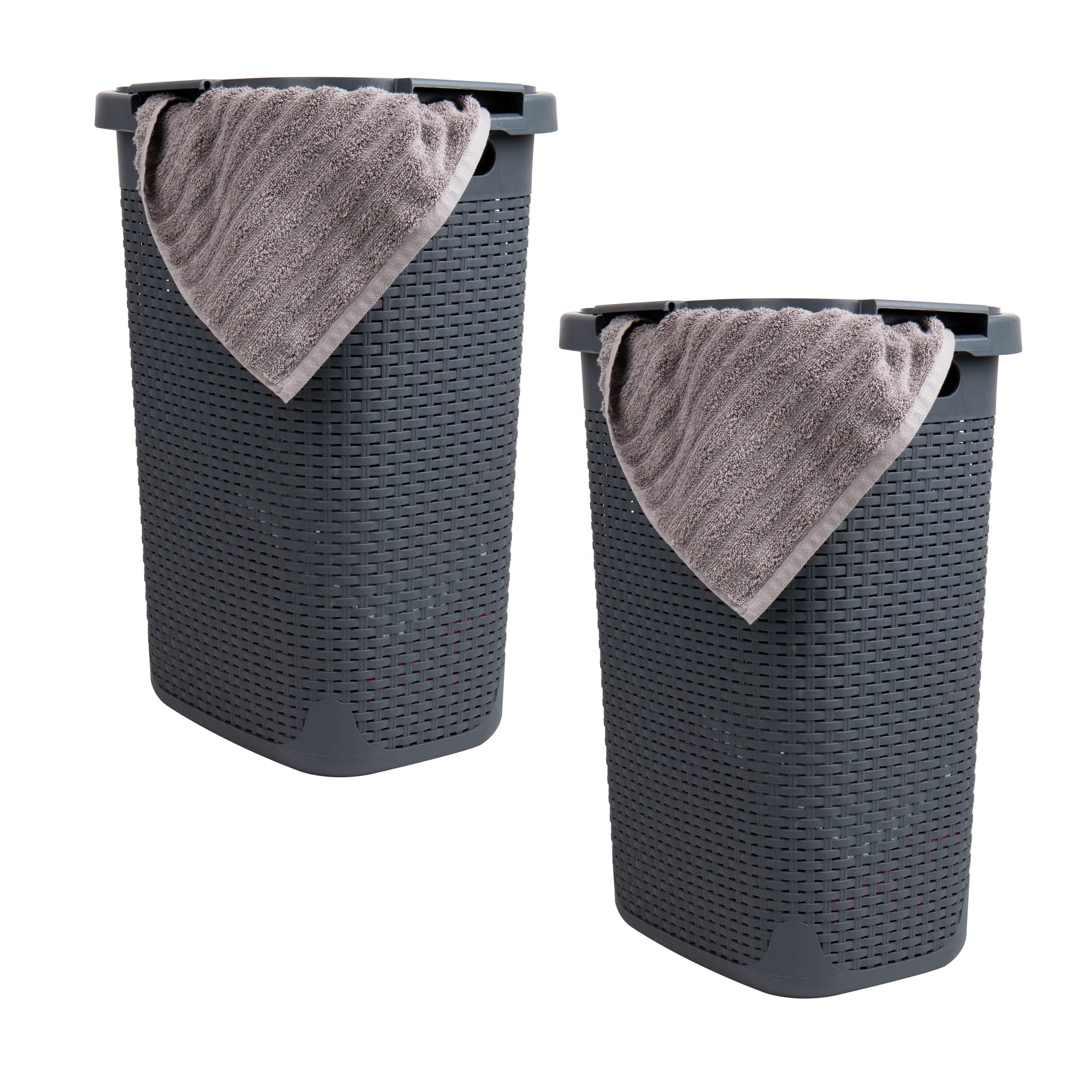 MIND READER Slim Laundry Hamper with Lid, 60L Wicker-Style Plastic