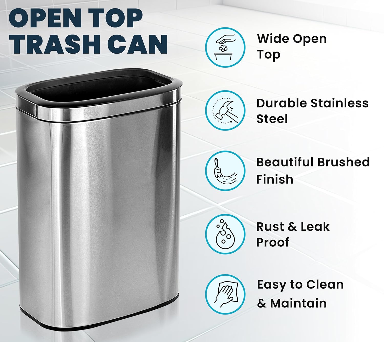 Alpine Stainless Steel Open Top Trash Can 10.5 Gallon - 40L Garbage Can for Kitchen, Bathroom