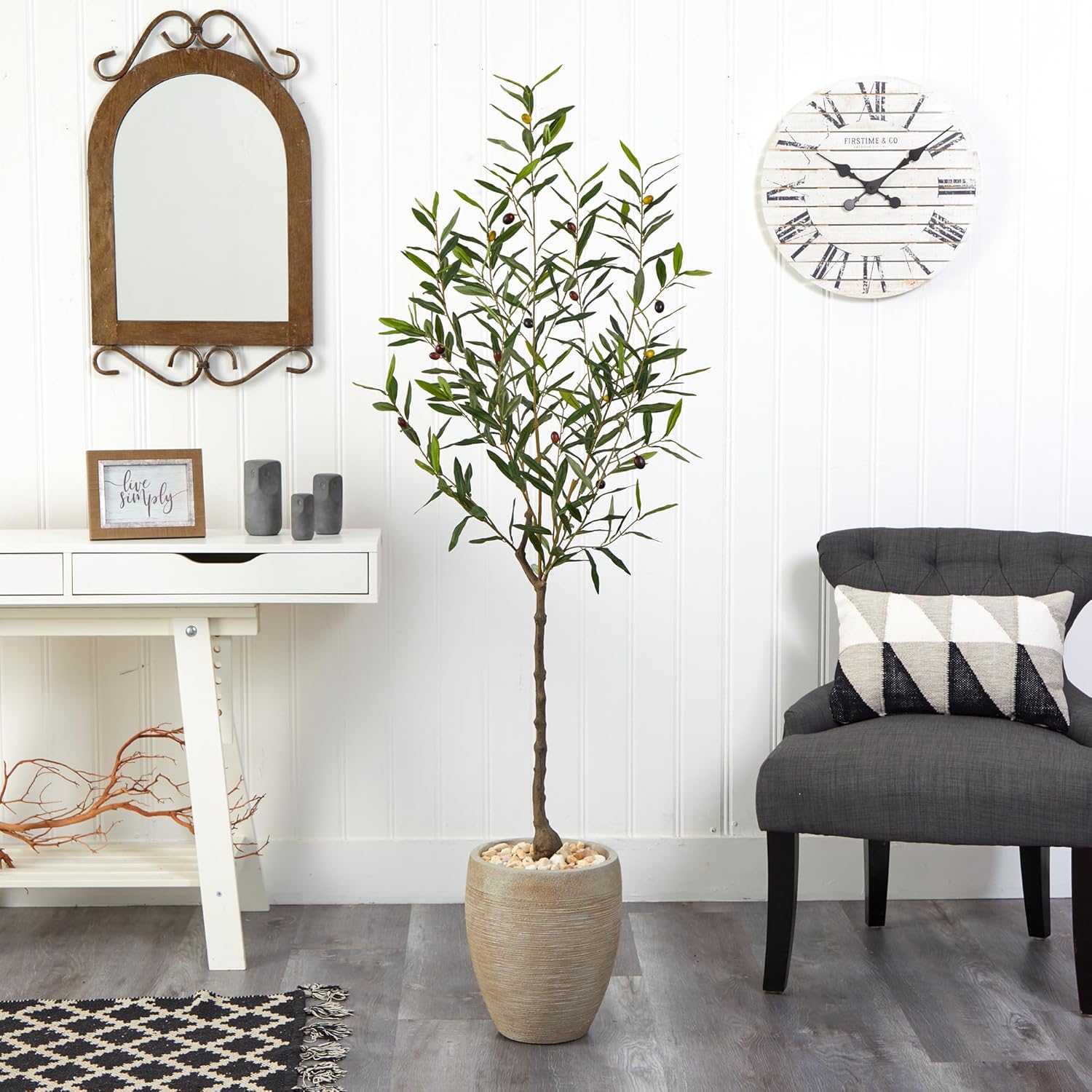 Nearly Natural Olive Tree 66inH Artificial Plant With Planter, 66inH x 21inW x 21inD, Green/Beige