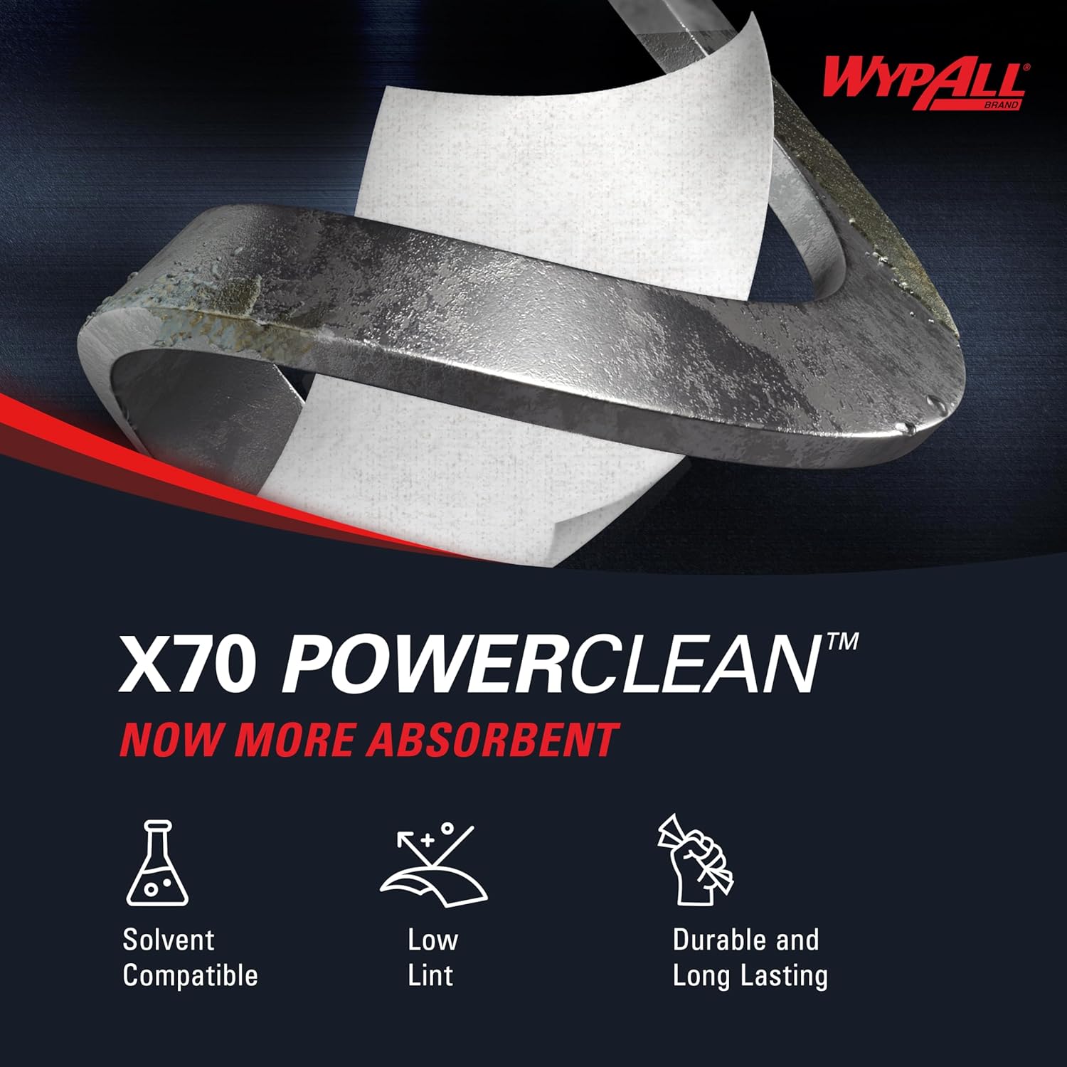 WypAll PowerClean X70 Cloths Medium Duty Wipes, Jumbo Roll, 870 Sheets, White