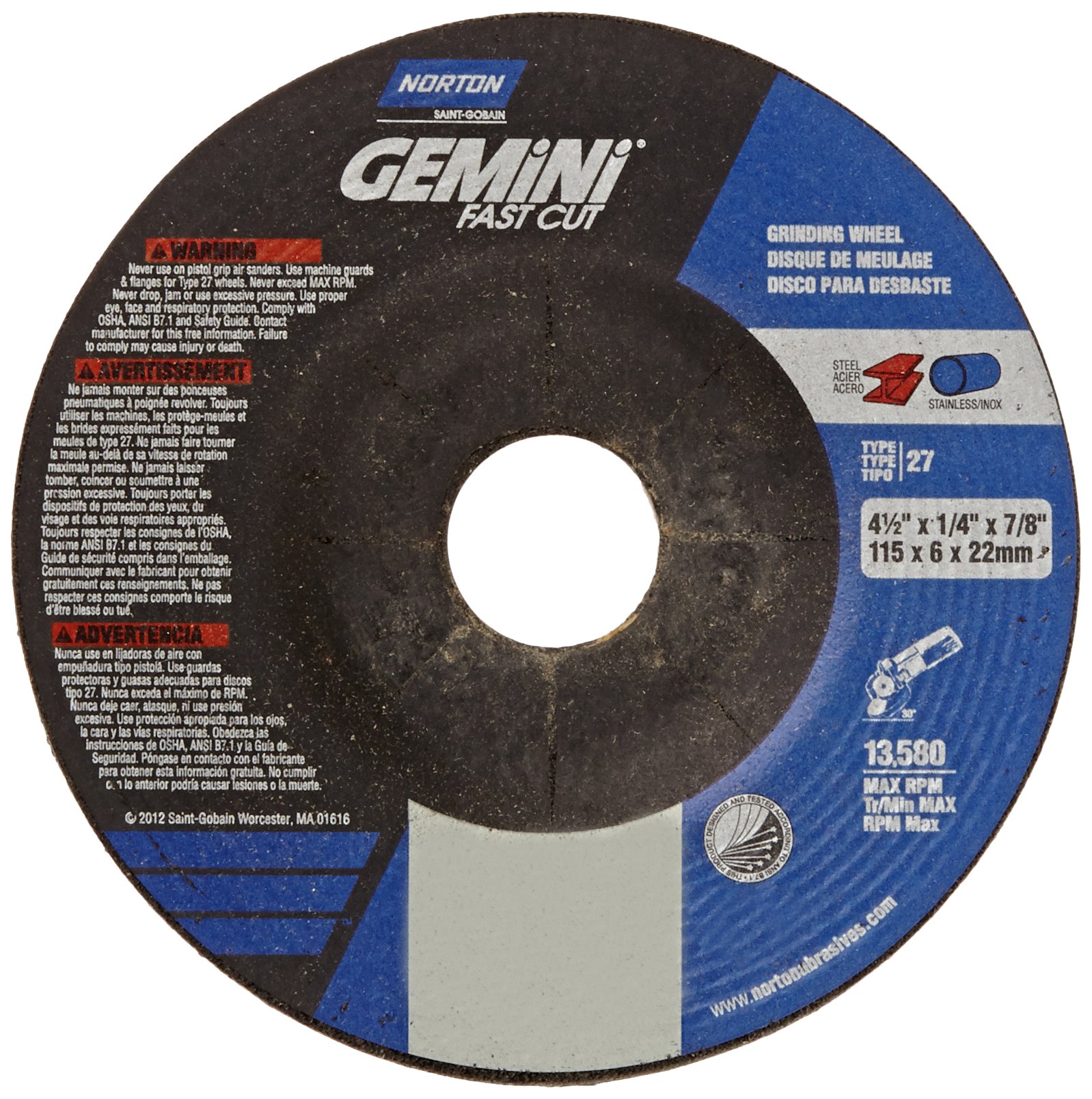 Norton Abrasives Grinding Wheel, Gemini Fast Cut Grinding Wheel, 4 1/2 for Right Angle Grinder, Pack of 25 Discs