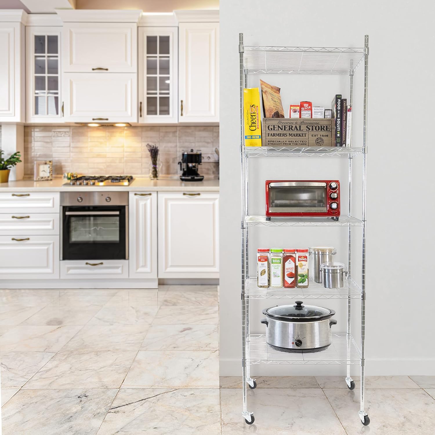 Mount-It! 5 Tier Chrome Wire Shelving on Wheels, Versatile, Adjustable Shelf Height Metal Storage Organizer for Kitchen