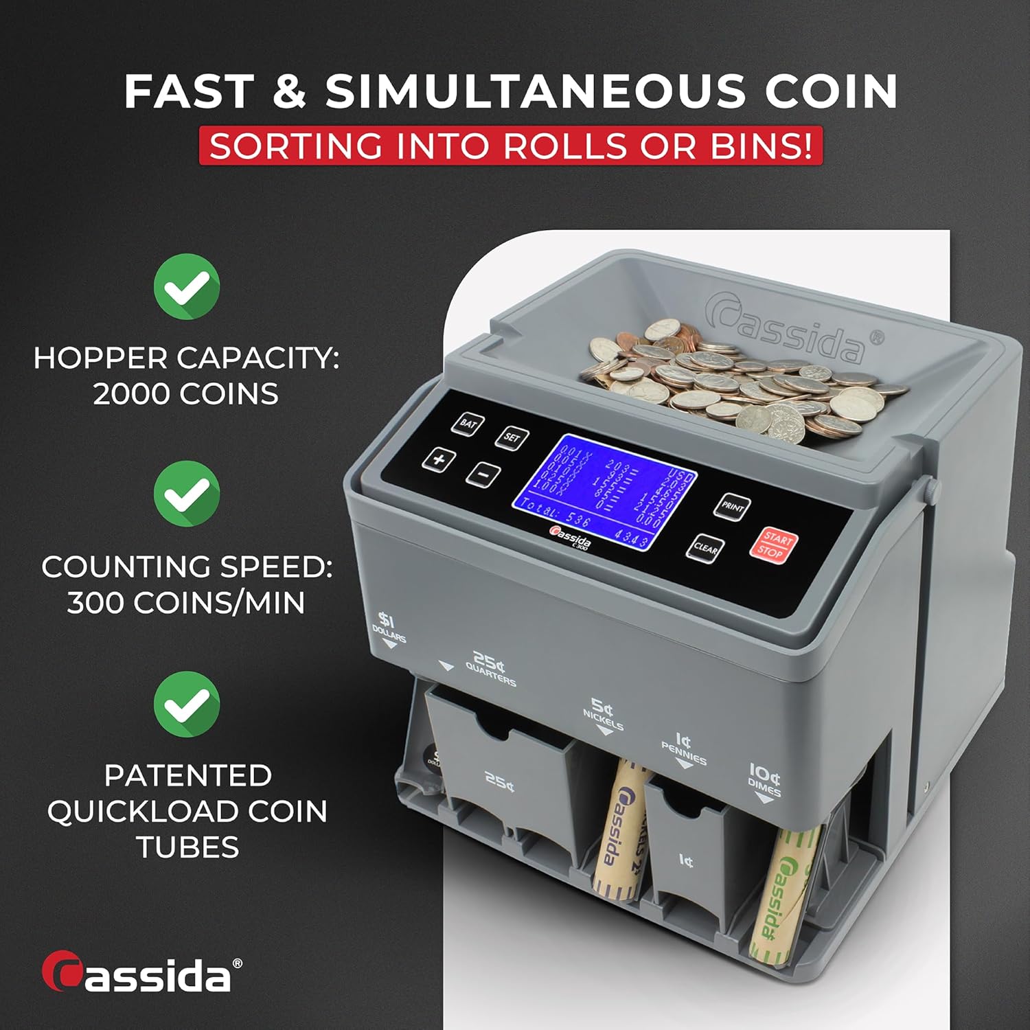 Cassida C300 Professional USD Coin Counter, Sorter and Wrapper/Roller, 300 coins/min, with Quickload and Printing-Compatible