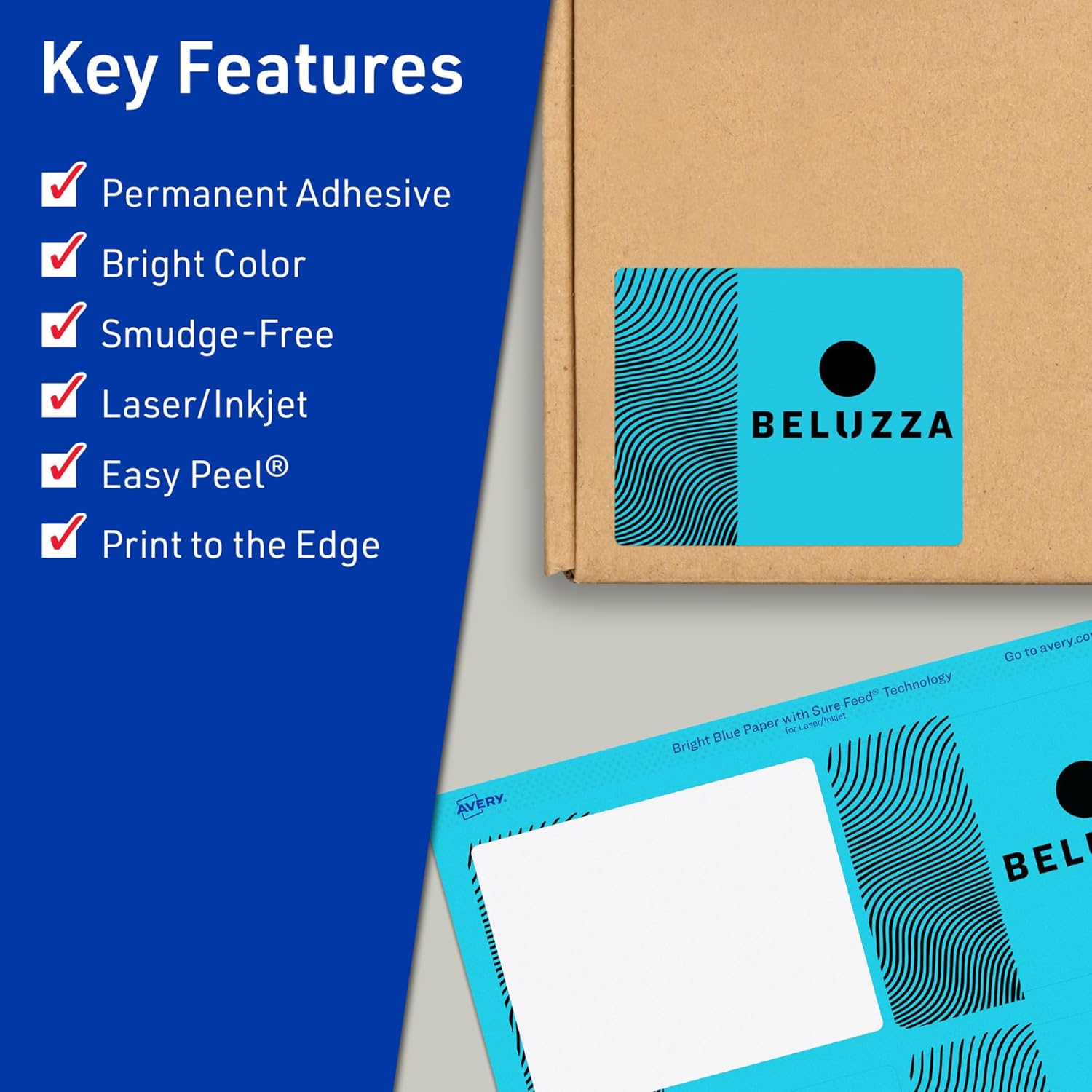 Avery Printable Rectangle Labels, Sure Feed Technology, 3" x 3.75", Bright Blue Labels, Print-to-The-Edge