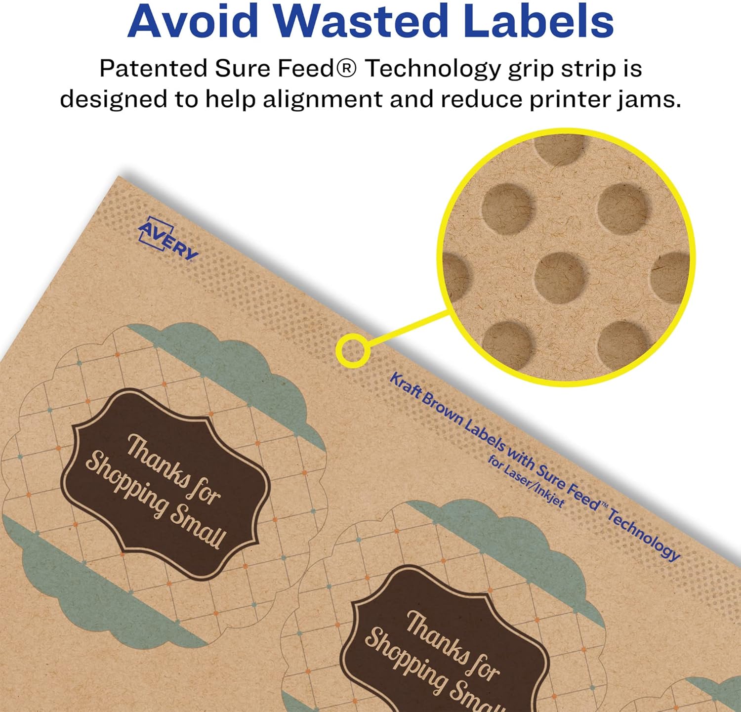 Avery Kraft Brown Round Scalloped Labels, Sure Feed Technology, 2.5" Diameter, 135 Kraft Brown Labels, Print-to-The-Edge