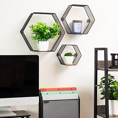 Mind Reader Hexagon Floating Shelves, Wall Decor, Honeycomb Accent Shelf, Office, Metal Mesh, 14" L x 4" W x 12" H, Set of 3, Black