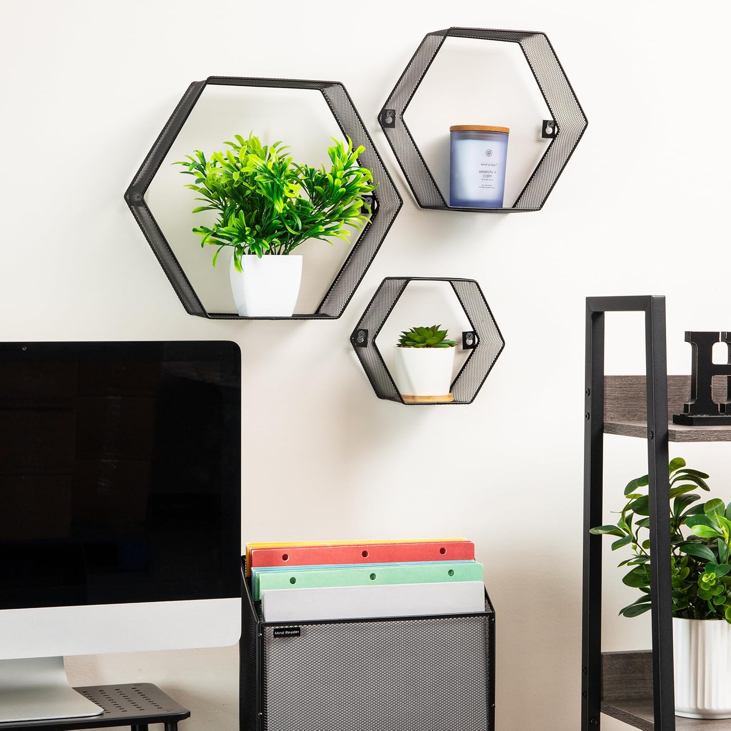 Mind Reader Hexagon Floating Shelves, Wall Decor, Honeycomb Accent Shelf, Office, Metal Mesh, 14" L x 4" W x 12" H, Set of 3