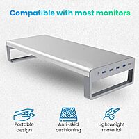 OTM Essentials Slim Aluminum Monitor Stand, Desk Riser with Non-Slip Padding and Tilted Surface, Versatile Home Office Essentials, Equipped with 4 USB Ports Desktop Monitor