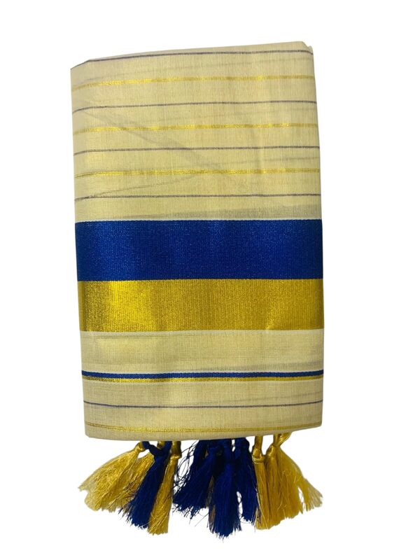 Women's Kuthampully Kerala Kasavu Set mundu Tissue with Kunjam | Kerala Tissue set mundu latest collections | Kuthampully set mundu - Multi color KTM-902 (Blue-Gold)