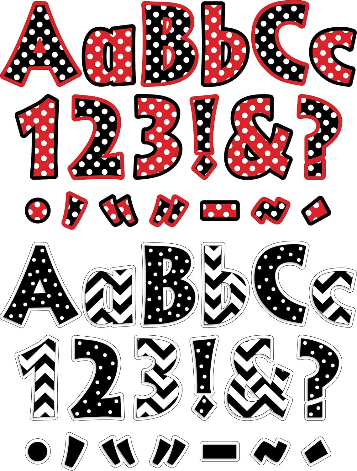 Barker Creek Letter Pop-Out Set of 2, 4" Dots & 4" Black Chevron & Dots, Mixed-Design, 255 Upper and Lowercase Letters