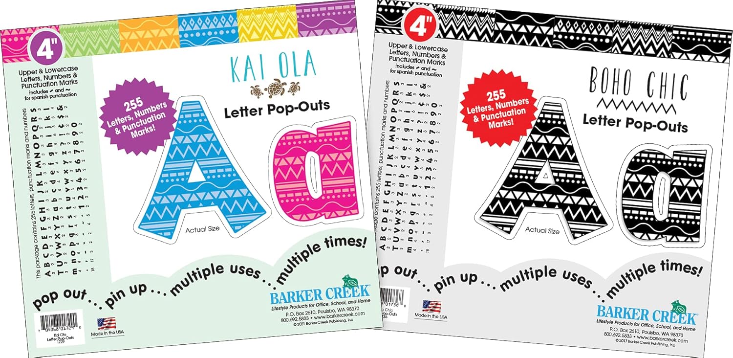 Barker Creek Letter Pop-Out Set of 2, 4" Kai Ola & 4" Boho Chic, Mixed-Design, 510 Characters Total (3851)