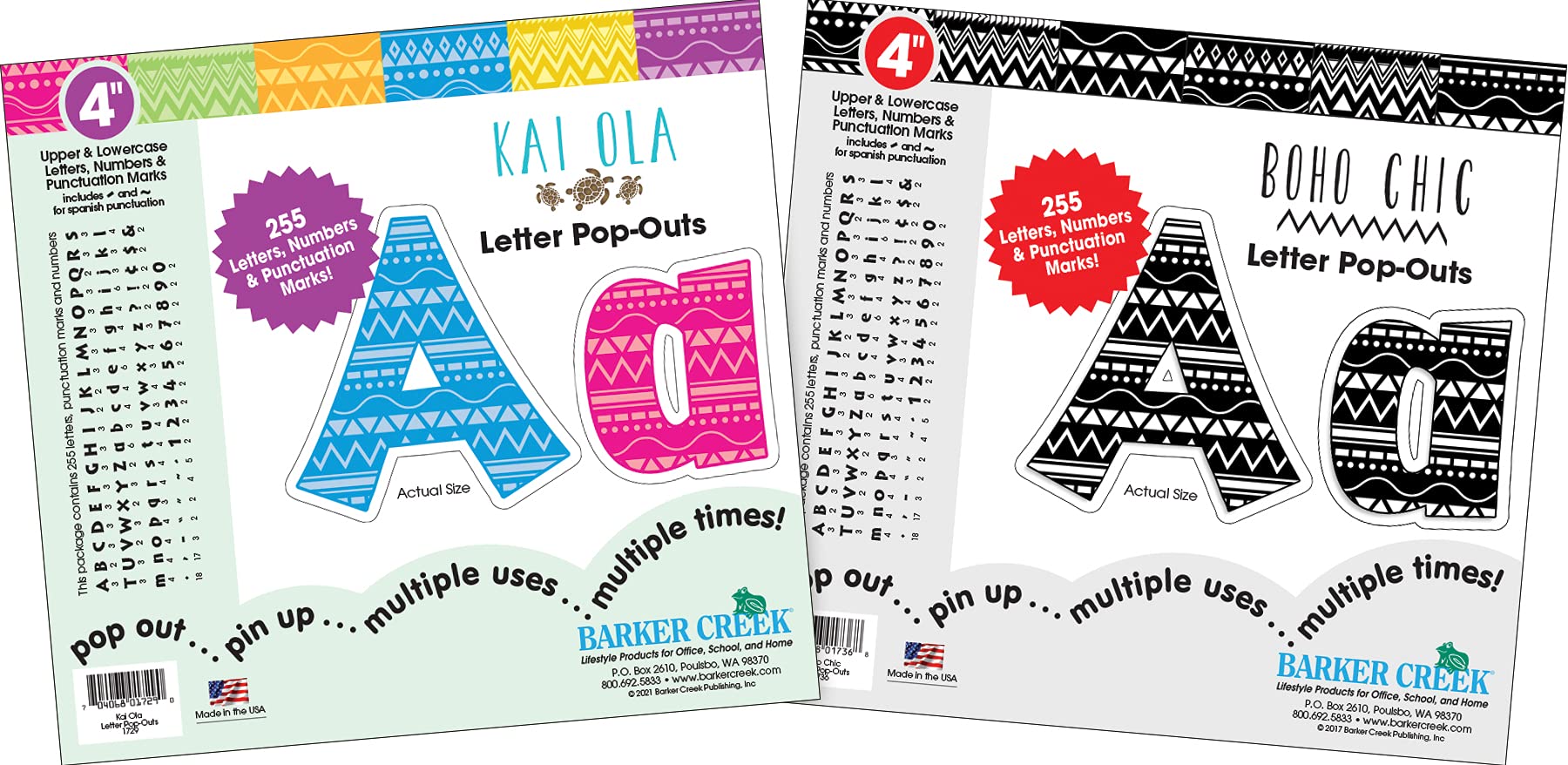 Barker Creek Letter Pop-Out Set of 2, 4" Kai Ola & 4" Boho Chic, Mixed-Design, 510 Characters Total (3851)