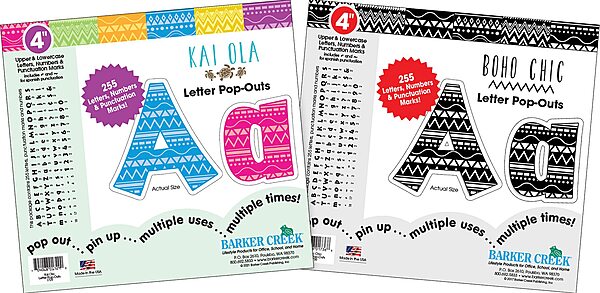 Barker Creek Letter Pop-Out Set of 2, 4" Kai Ola & 4" Boho Chic, Mixed-Design, 510 Characters Total (3851)