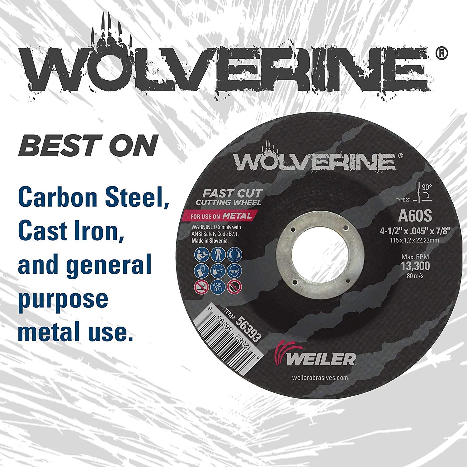 Weiler 56278 6 Inch Cutting Wheel, Wolverine AO Steel/Metal Fast Cutting, 3/32" A24R Type 27 5/8"-11 Hub