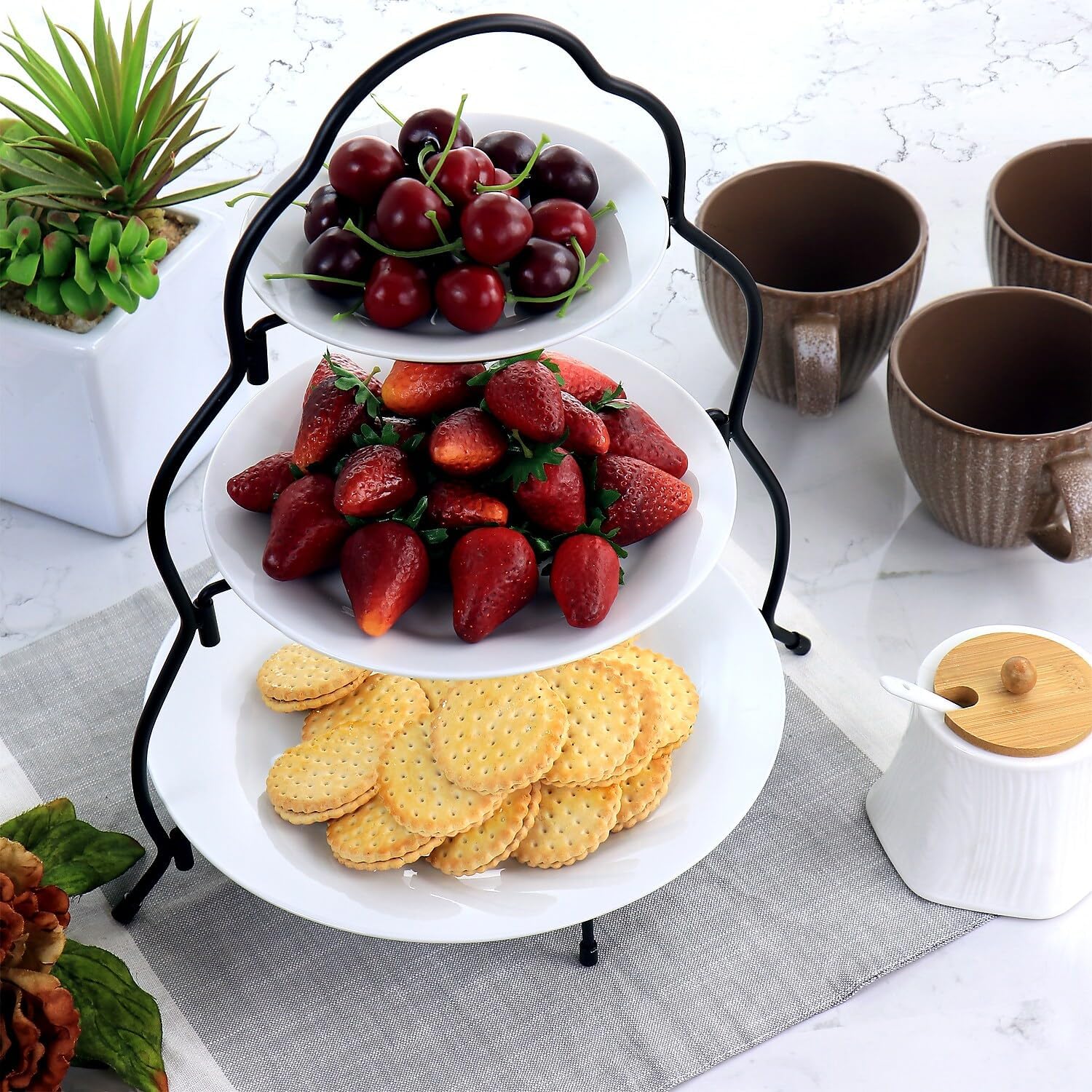 Elama 3-Tier Porcelain Serveware Set with Metal Rack