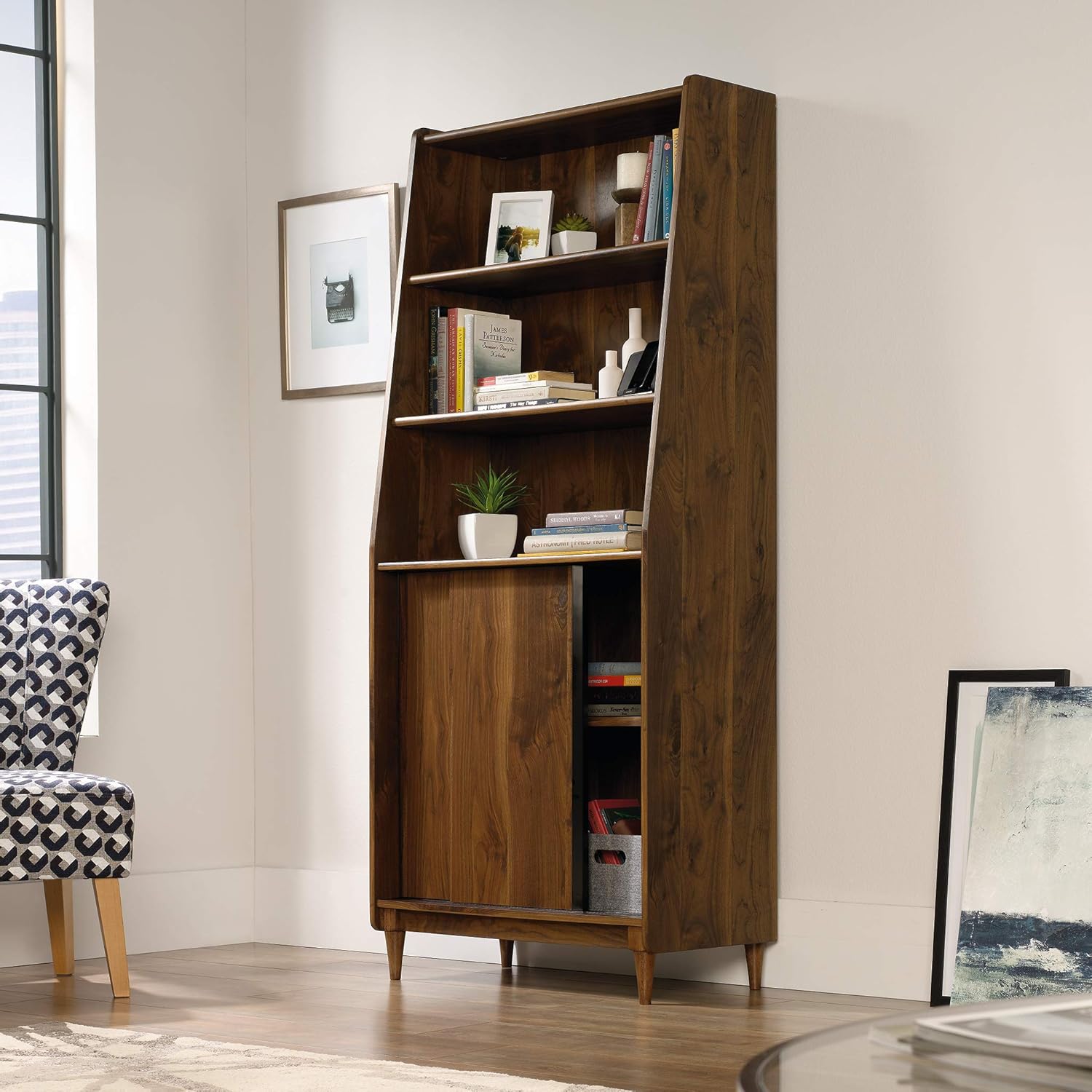 Sauder Harvey Park 71inH 5-Shelf Bookcase With Doors, Grand Walnut