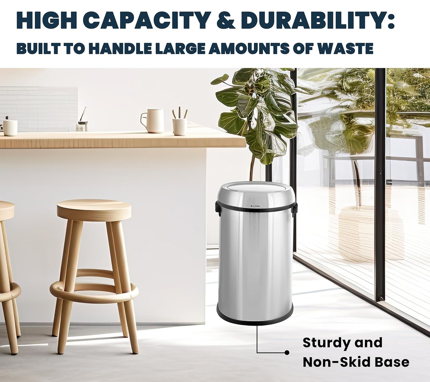 Alpine 17-Gallon Stainless Steel Swing Top Trash Can – Commercial Grade Round Garbage Bin with Odor Control Lid