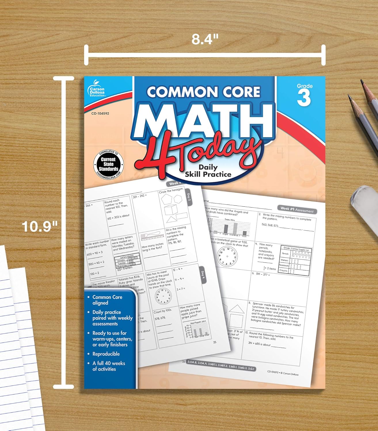 Carson Dellosa Common Core Math 4 Today 3rd Grade Workbooks, Telling Time, Fractions, Addition, Subtraction, Multiplication