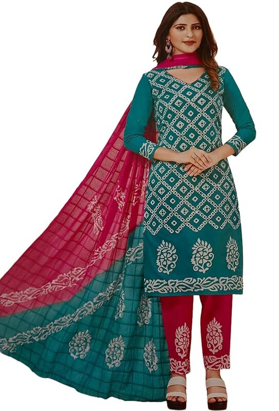 Unstitched Salwar Suit Set with Dupatta, Teal Green with Floral Print
