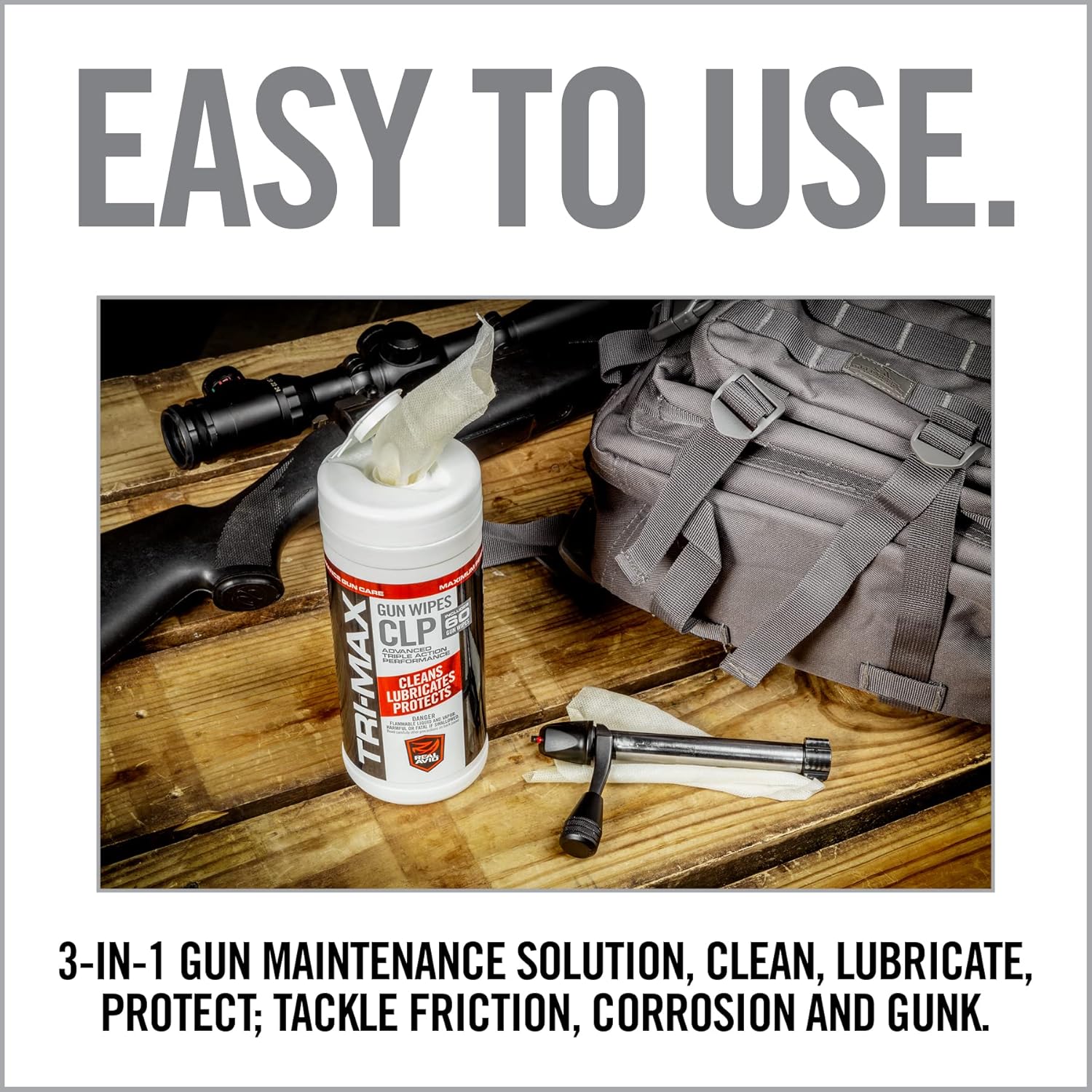Real Avid Tri-Max CLP Gun Cleaning Wipes 60 Count | CLP Gun Cleaner And Lubricant | One-Step Gun Cleaning Oil and Lubricant