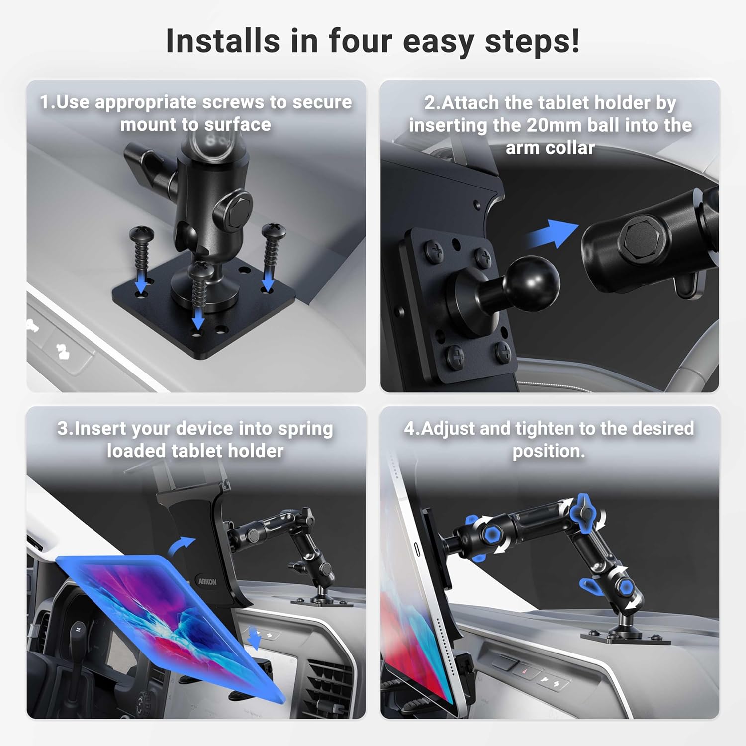 ARKON Mounts - Heavy-Duty Tablet Mount | Secure Drill Base for Cars, Walls