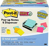 Post-it Sheet Super Sticky Note and Dispenser Value Pack, 3 in x 3 in, 12 Pads, Assorted Colors (DS330-SSVA) 2.3" x 6.3"